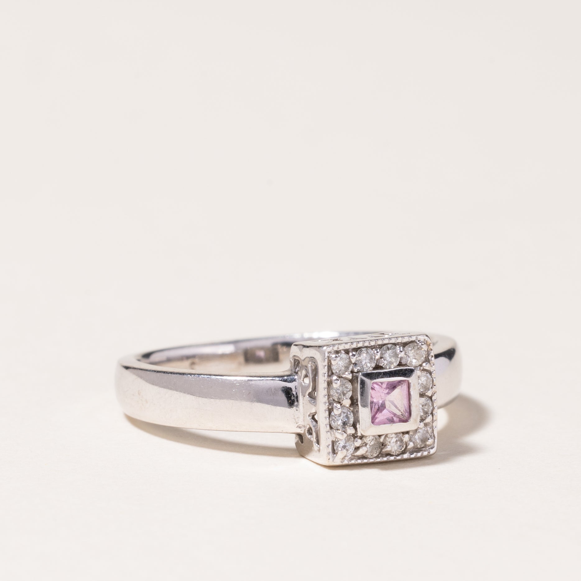 14K White Gold Pink Topaz & Diamond Ring - 0.09ct Center Stone, 0.06ctw Diamond Accents | Size 6.5 | Elegant Engagement, Anniversary or Gift Jewelry for Women