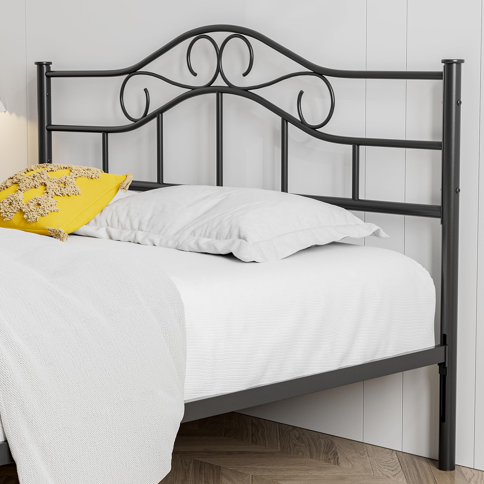 IKIFLY Full Size Metal Headboard - Adjustable Height Steel Curved Headboard with Farmhouse Scrollwork Design for Bedroom, Easy Assembly Attaches to Bed Frame (Black) | Perfect for Master Bedrooms, Guest Rooms & Farmhouse Style Decor