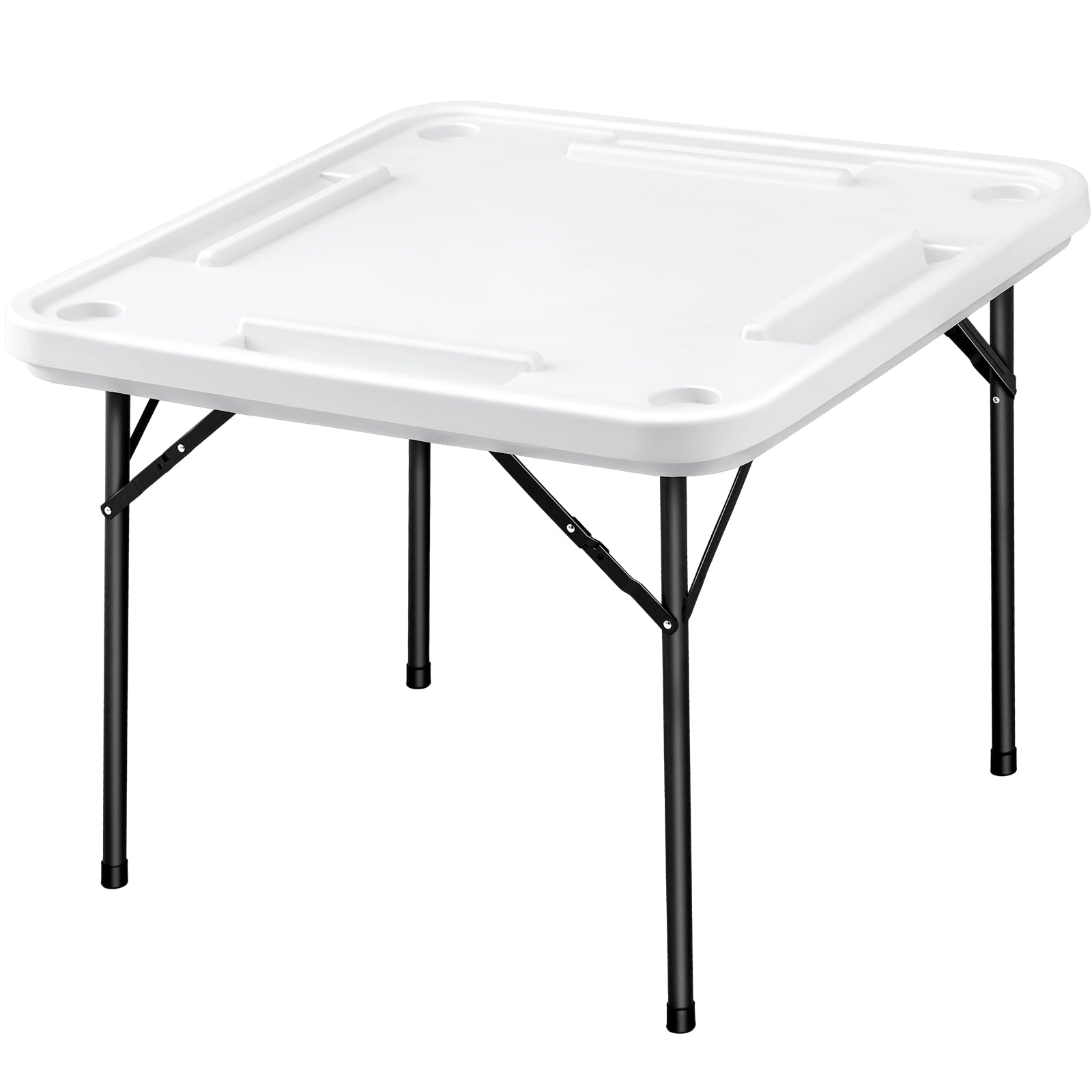 Foldable Plastic Domino Game Table with Cup Holders & Card Slots - Portable Anti-Scratch Waterproof Board Game Table for Poker, Mahjong, Dominoes (White) - Perfect for Game Nights, Parties, and Outdoor Gatherings