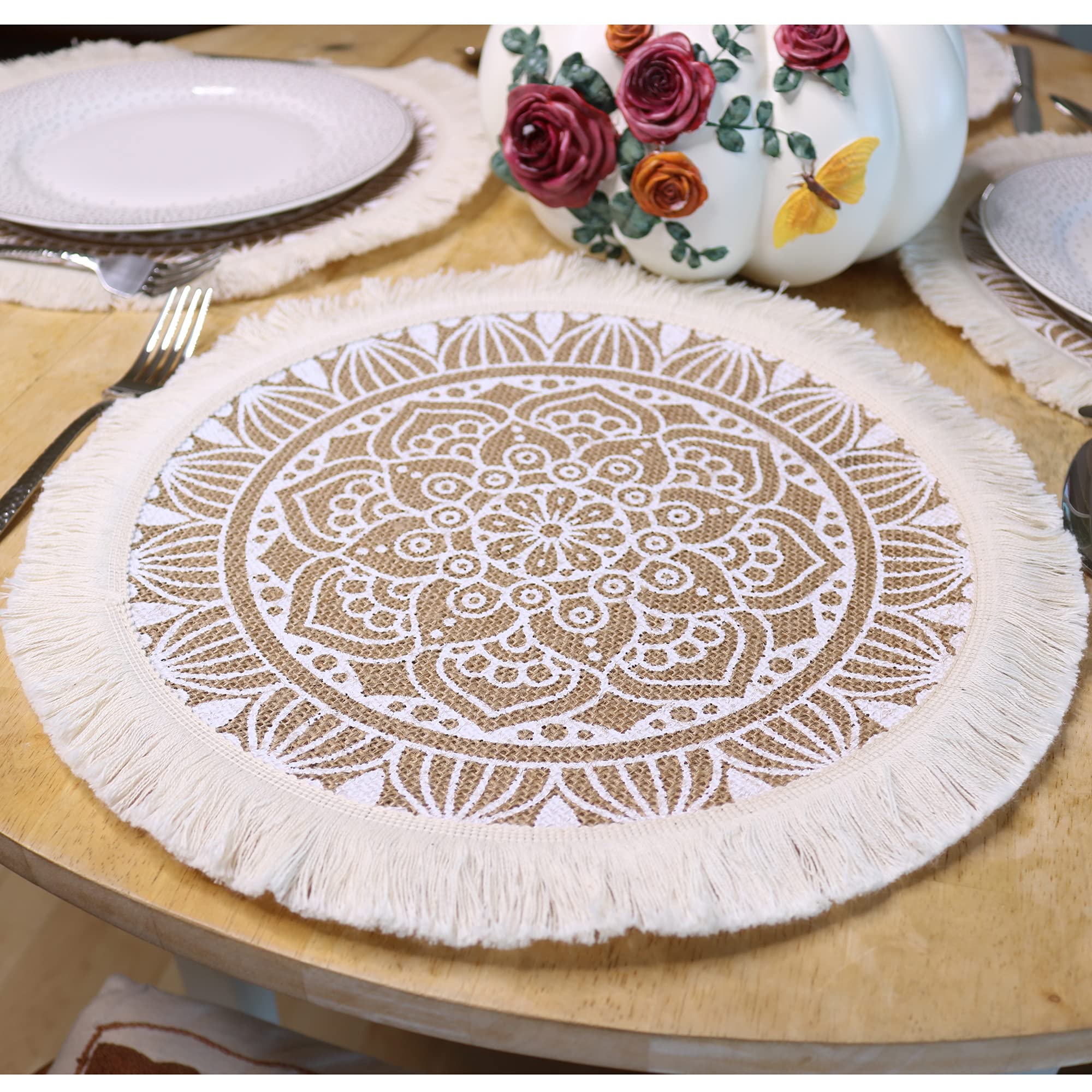 Set of 8 Round Burlap Placemats 15 Inch - Bohemian Mandala Table Mats for Rustic Farmhouse Weddings & Dinner Parties - Blooming Mandala Design - Perfect for Boho Decor, Bridal Showers & Home Dining