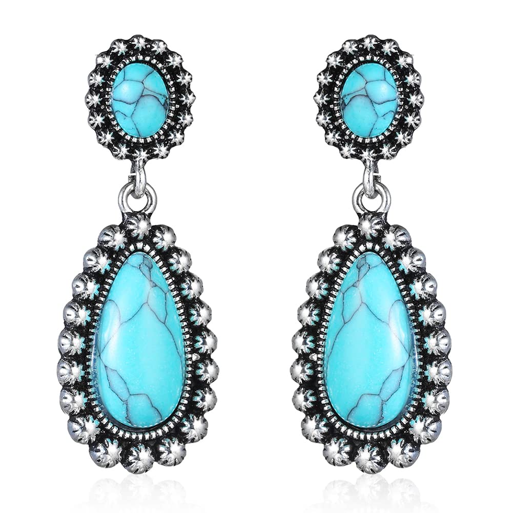 BG&WLing 925 Sterling Silver Turquoise Teardrop Dangle Earrings for Women - Western Bohemian Vintage Jewelry - Perfect for Parties, Weddings & Boho Fashion
