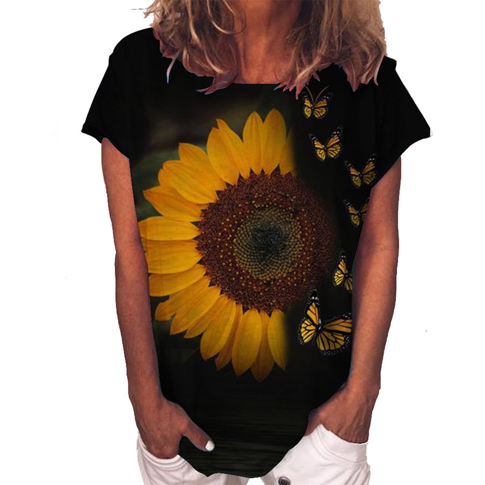 Women's Summer Short Sleeve Sunflower Print T-Shirt - Casual Cute Blouse for Women | 2022 Trendy Fashion Top | Perfect for Beach Outings, Picnics & Summer Vacations