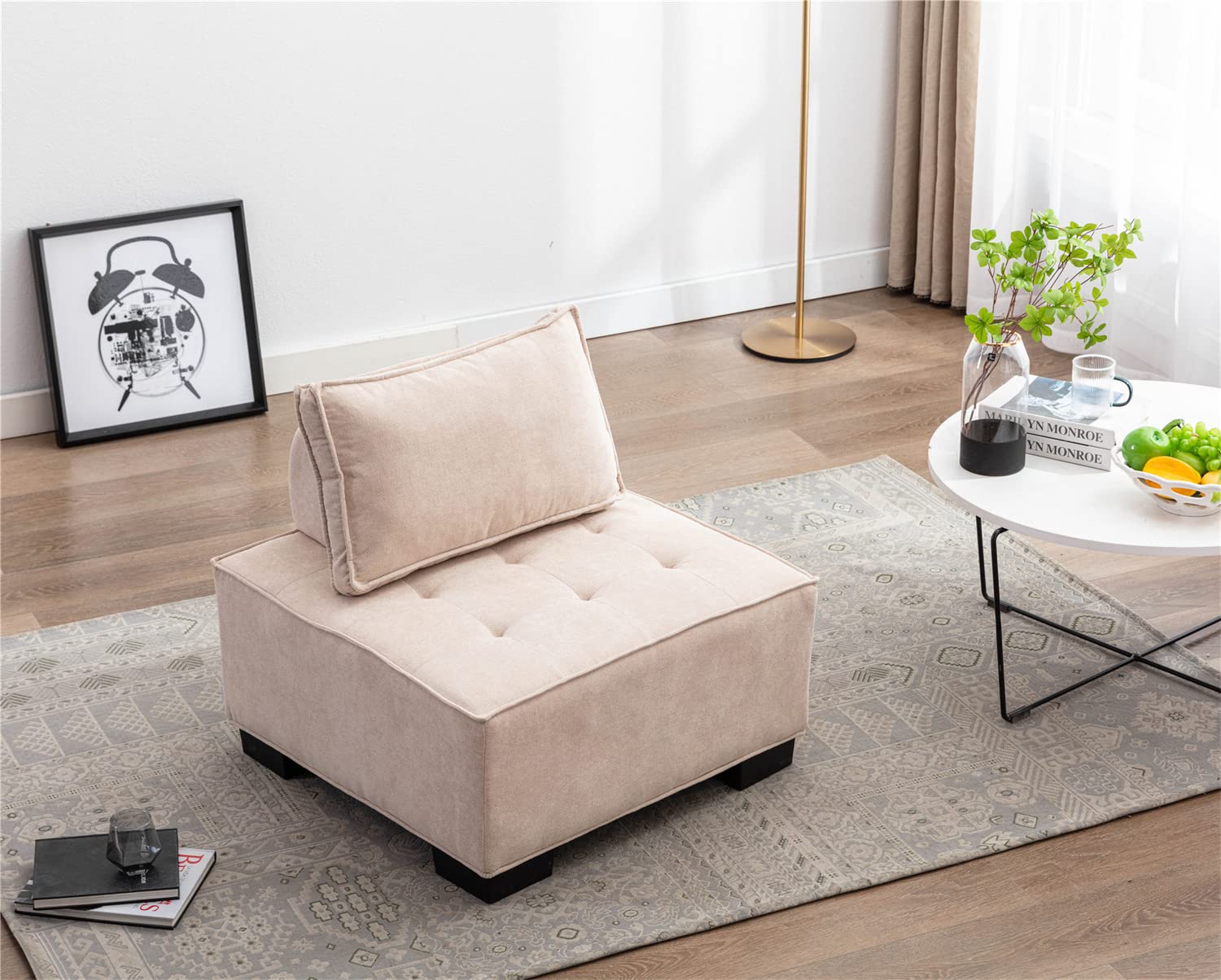Comfortable Fabric Upholstered Barrel Ottoman Chair with Solid Wood Legs - Accent Chair for Living Room, Bedroom & Apartment - Beige Home Decor for Relaxing & Lounging