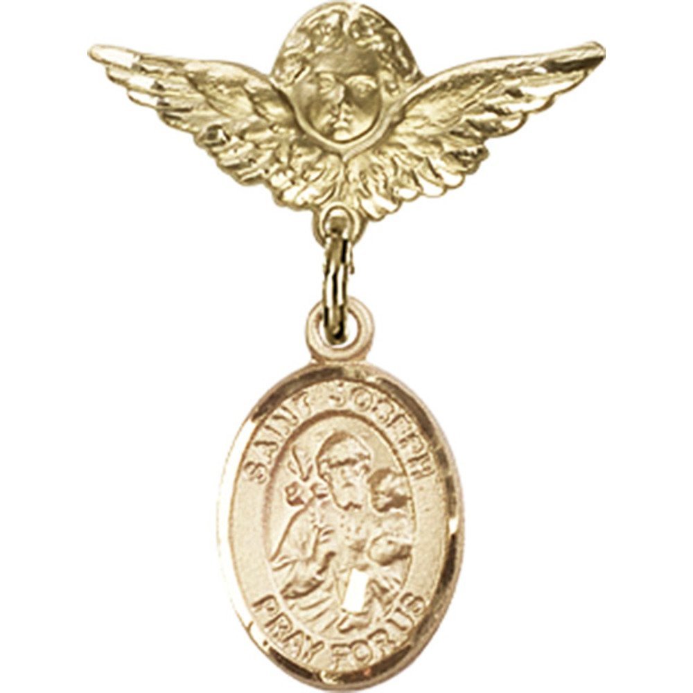 Gold Filled St. Joseph Charm & Angel Wing Baby Badge Pin - 1