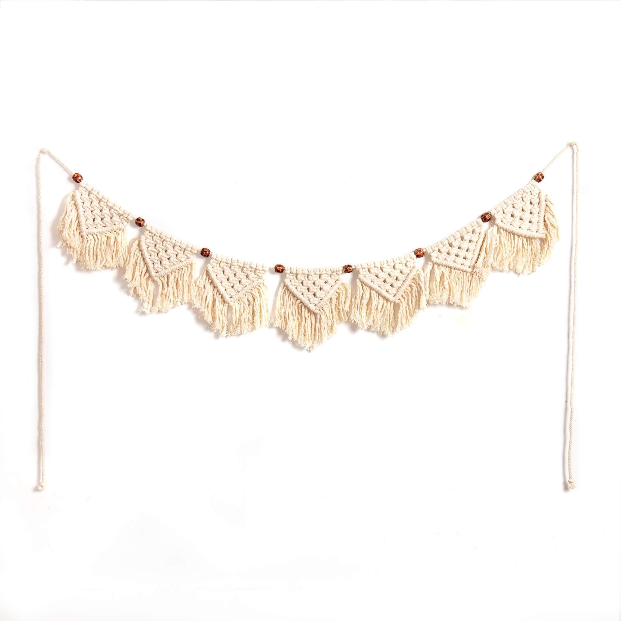 Handmade Boho Tassel Wall Hanging - Cotton Crochet Macrame Decor with Fringe Panels (7-Flag) for Bedroom, Bathroom, Office & Classroom - Boho Chic Home Decor & Party Garland Banner