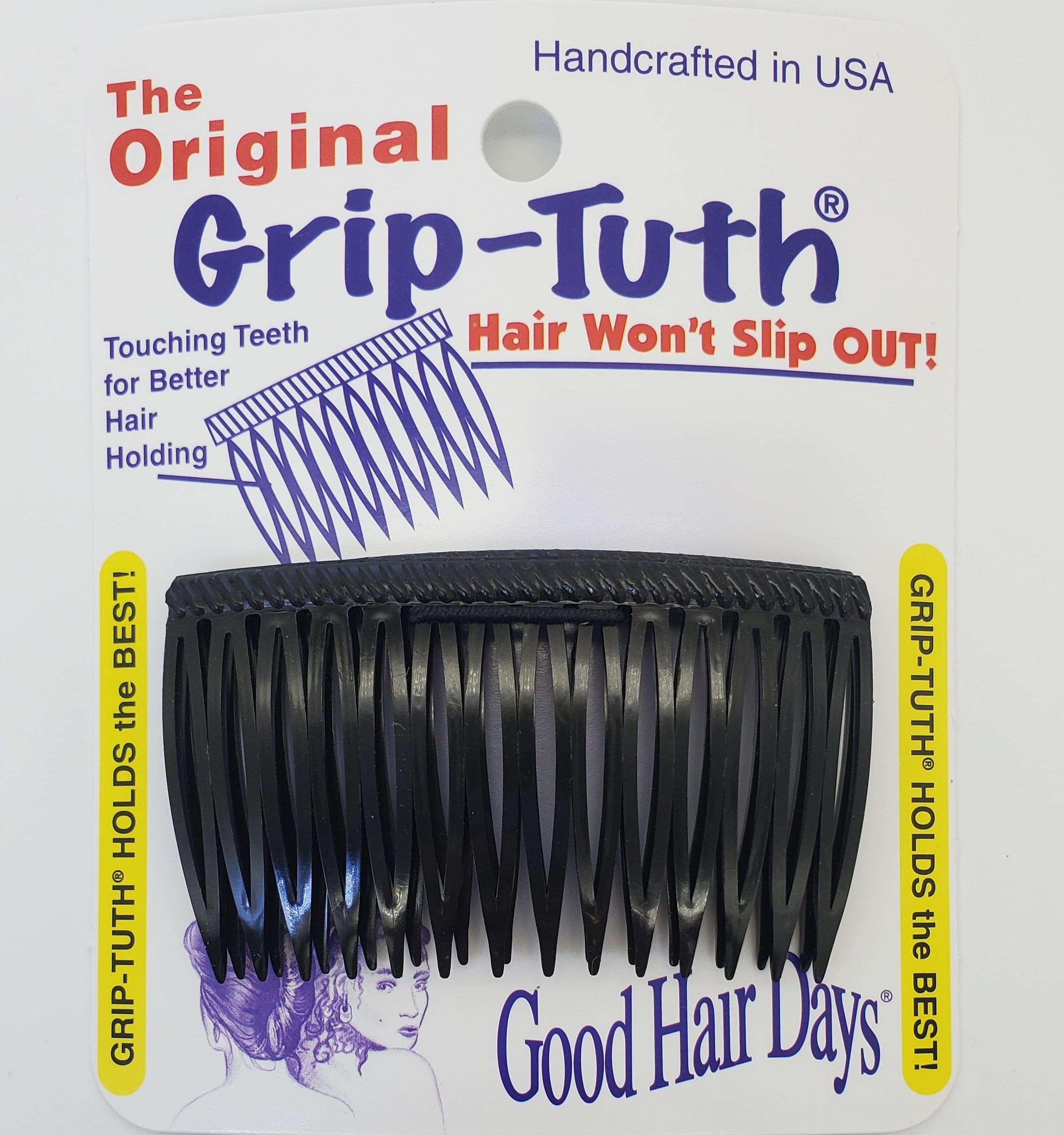 Good Hair Days 2.75 Inch Grip-Tuth Comb - Black - 2 Pack for Styling, Detangling & Travel - Perfect for Salons, Home Use & On-the-Go