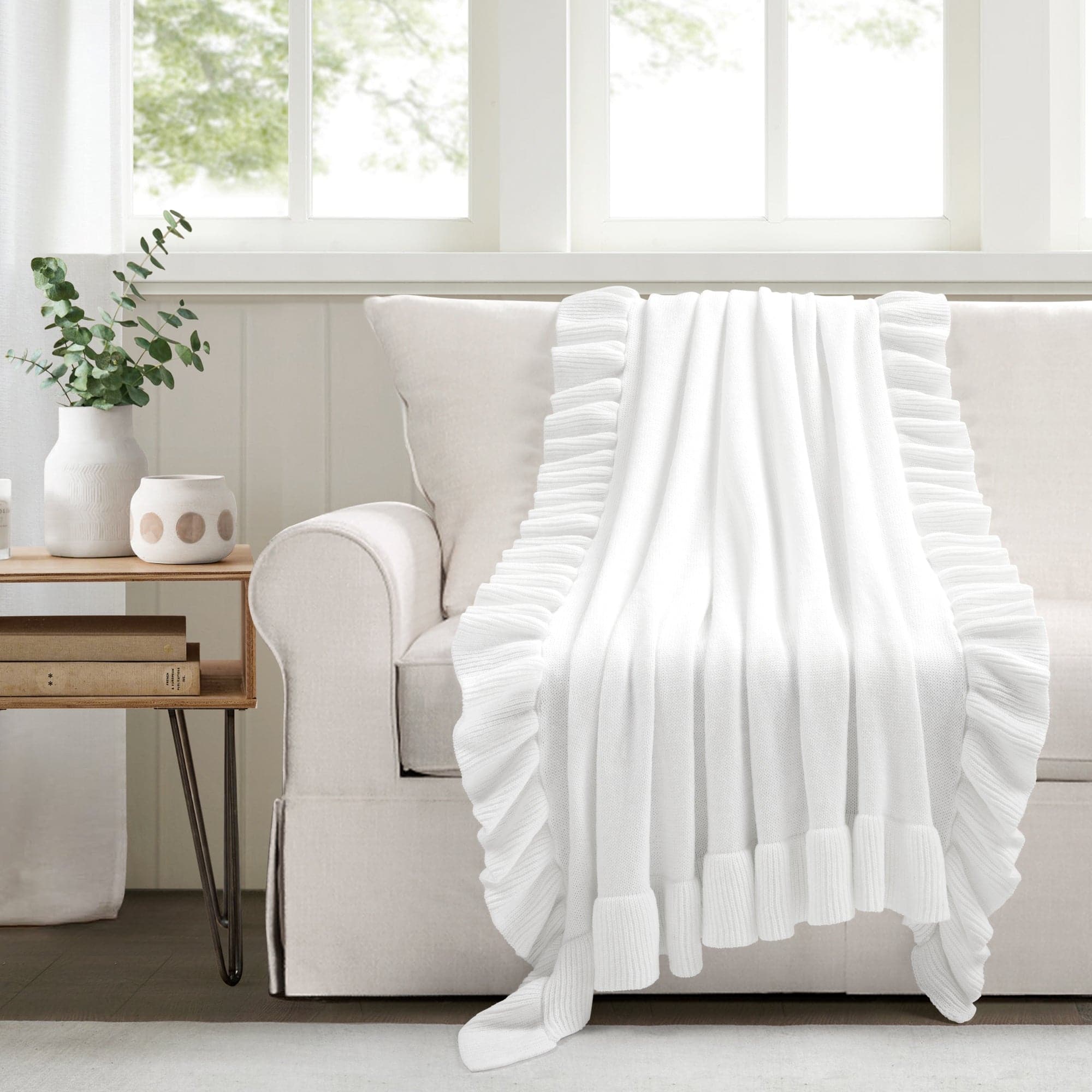 Reyna Soft Knitted Ruffle Throw Blanket - Cozy & Lightweight Knit Bedspread for Couch, Sofa, Bed - Perfect for Living Room, Bedroom & Home Decor