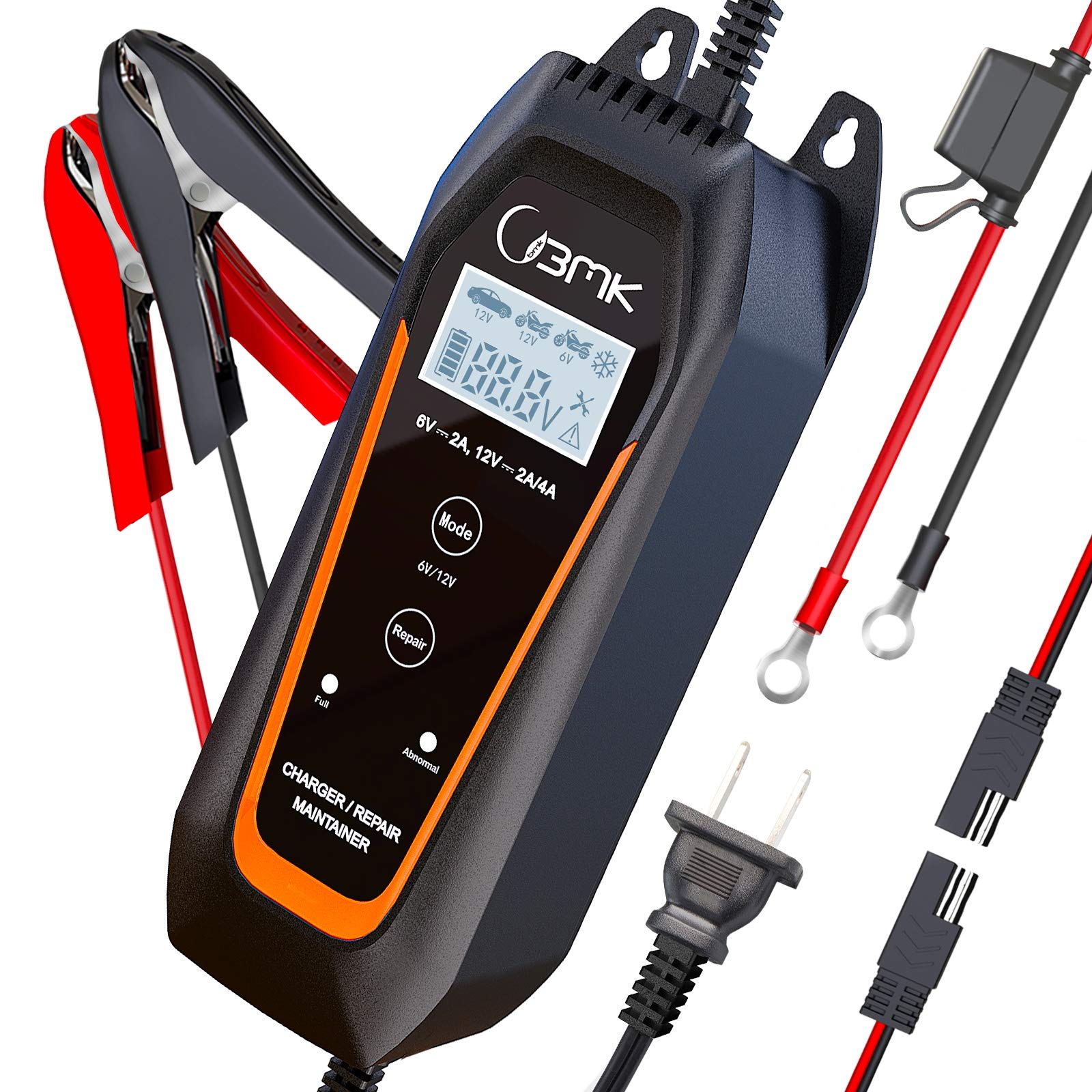 BMK 2/4A Smart Portable Battery Charger & Maintainer with Detachable Alligator Clips - Fast & Trickle Charging for Car, Boat, Motorcycle, Lawn Mower, RV, SUV - Ideal for Winter Storage & Vehicle Maintenance