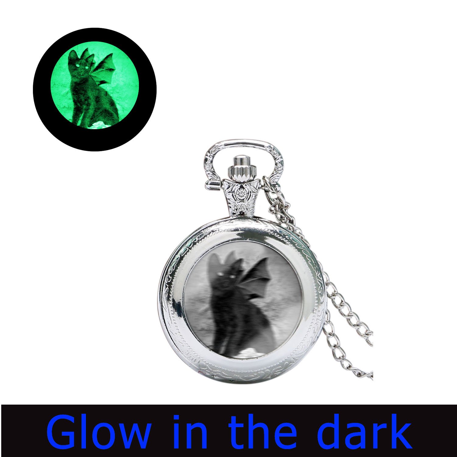 Glowlala Gothic Cat Glowing Watch Pendant Necklace - Silver Bat Cat LED Jewelry for Women, Night Out, Halloween Costume, Rave Party Accessories