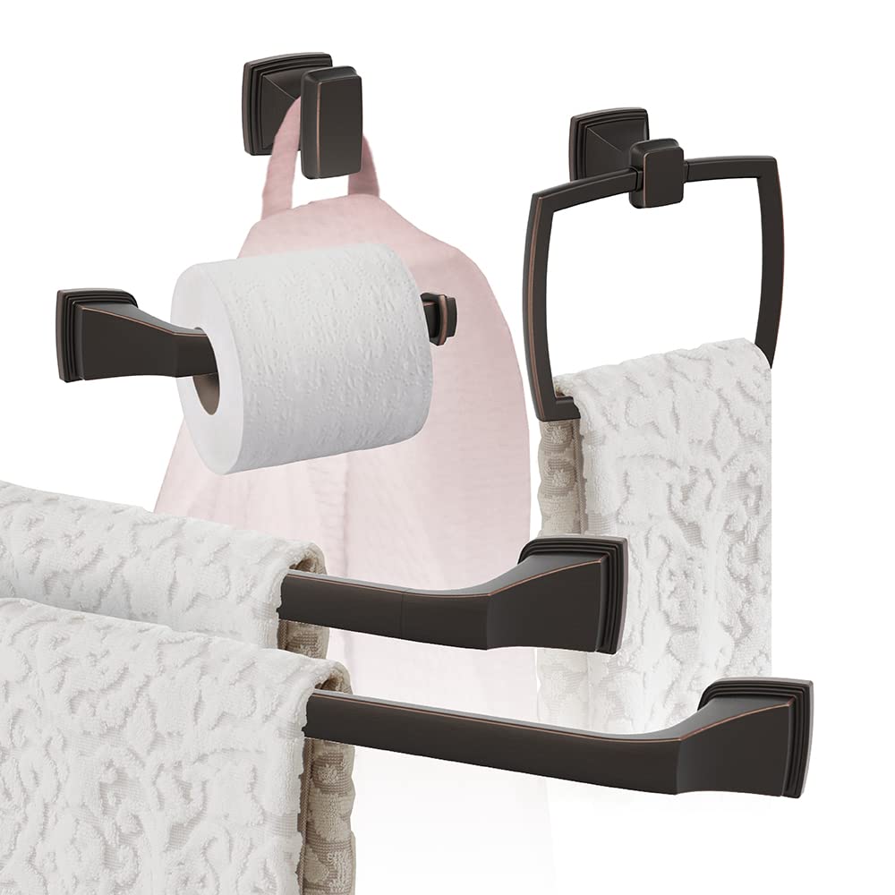 Amerock Oil Rubbed Bronze 5-Piece Bathroom Accessories Set - Towel Bar, Robe Hook, Toilet Paper Holder, Towel Ring & Shelf - Elegant Bathroom Upgrade for Modern Homes
