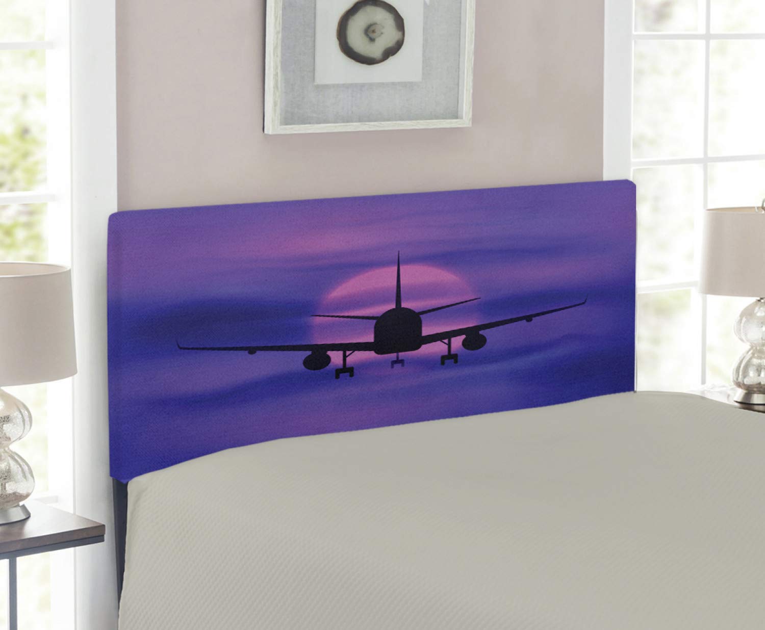Ambesonne Airplane Headboard - Plane Silhouette in Dreamy Sunset Sky Vacation Travel Theme - Upholstered Decorative Metal Bed Headboard with Memory Foam - Twin Size - Royal Blue Pink Black - Perfect for Kids Bedroom, Travel Themed Decor & Airplane Lovers