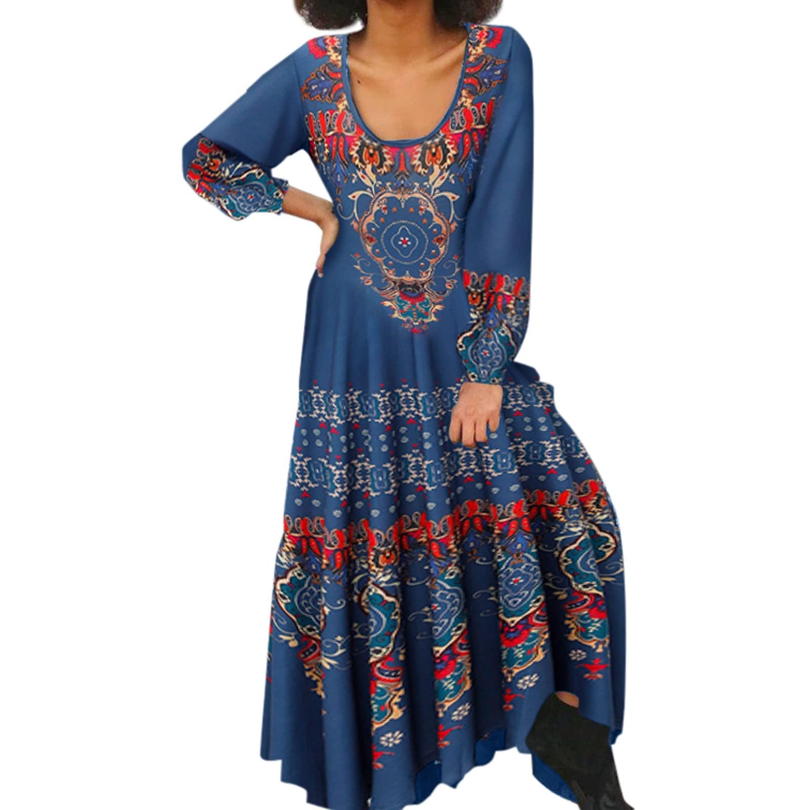 Women's Black Cotton Maxi Dress with Ethnic Print - Short/Long Sleeve Flowy Flared Round Neck Dress for Vacations & Summer Outfits