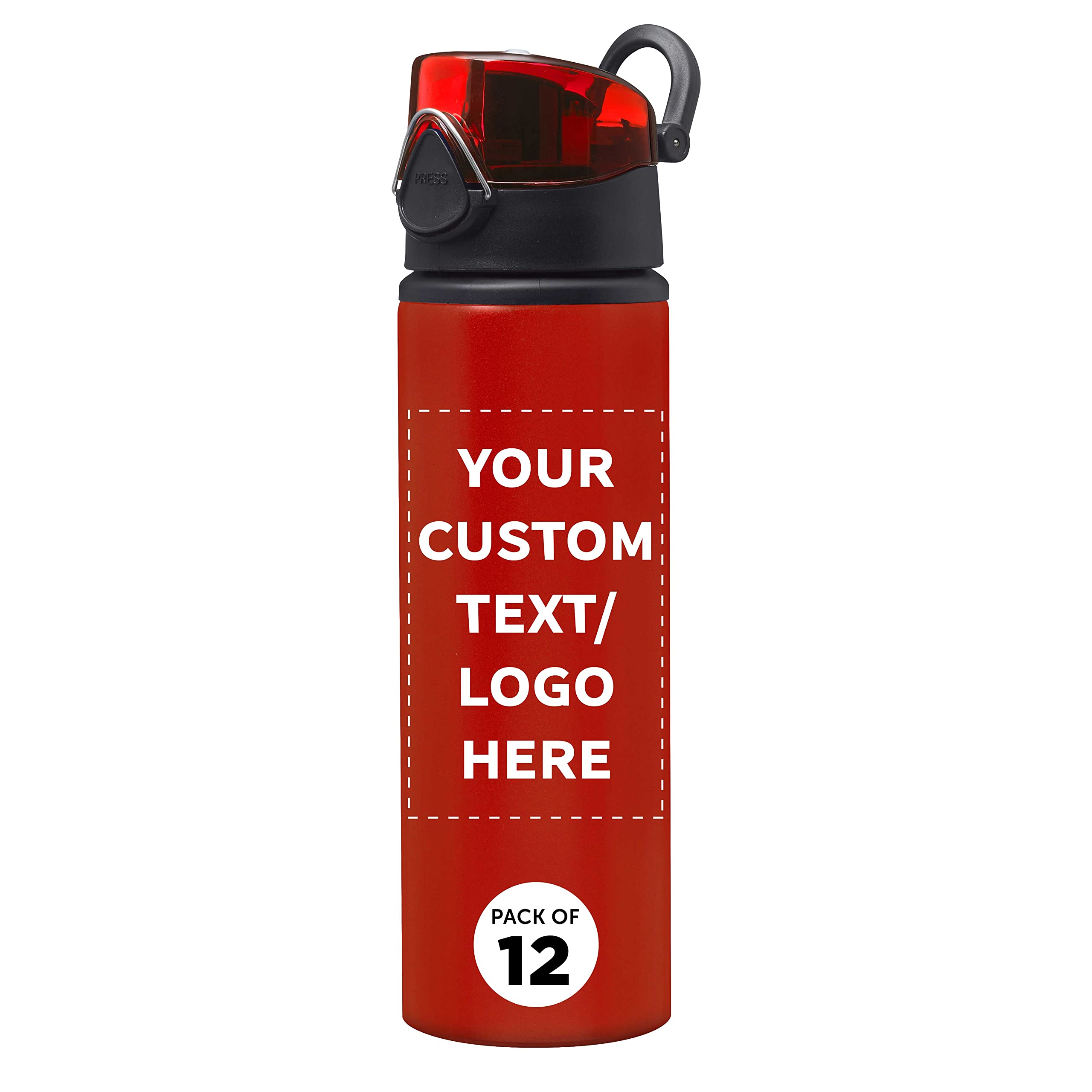 Custom 25 oz Aluminum Water Bottles with Carabiner Clip - Bulk Pack of 12, Personalized & Refillable - Ideal for Gym, Hiking, Cycling, School, Office & Outdoor Adventures - Red