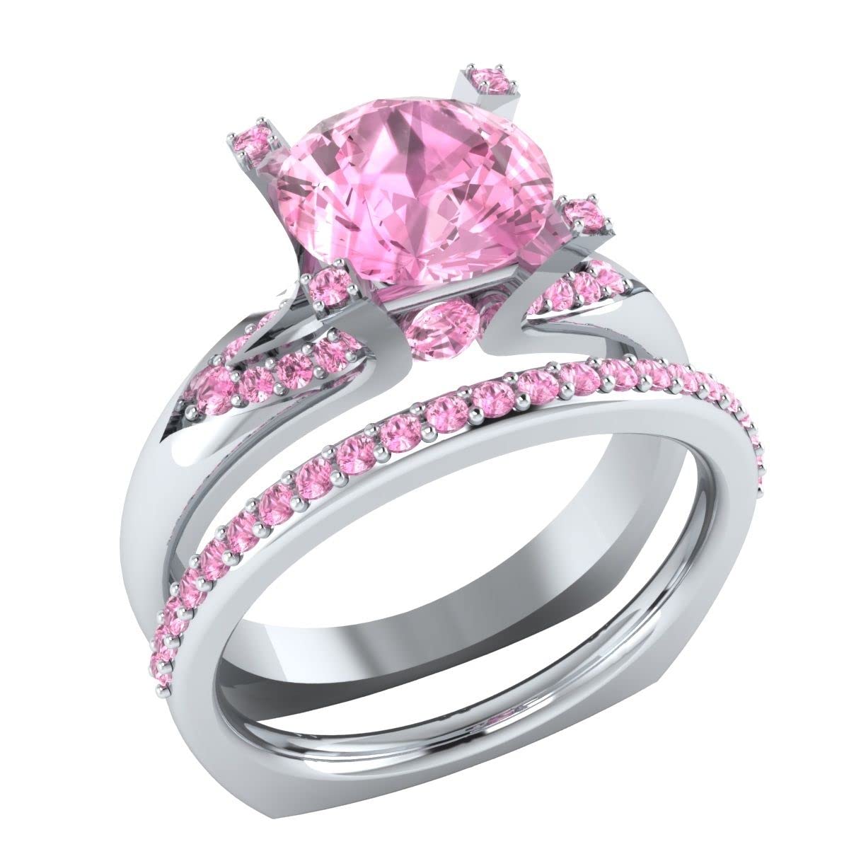 2.70 ct Round Baby Pink Sapphire Sterling Silver Bridal Ring Set - Free Size Engagement, Wedding & Valentine's Day Jewelry Gift for Her - Perfect for Proposals, Anniversaries and Special Occasions