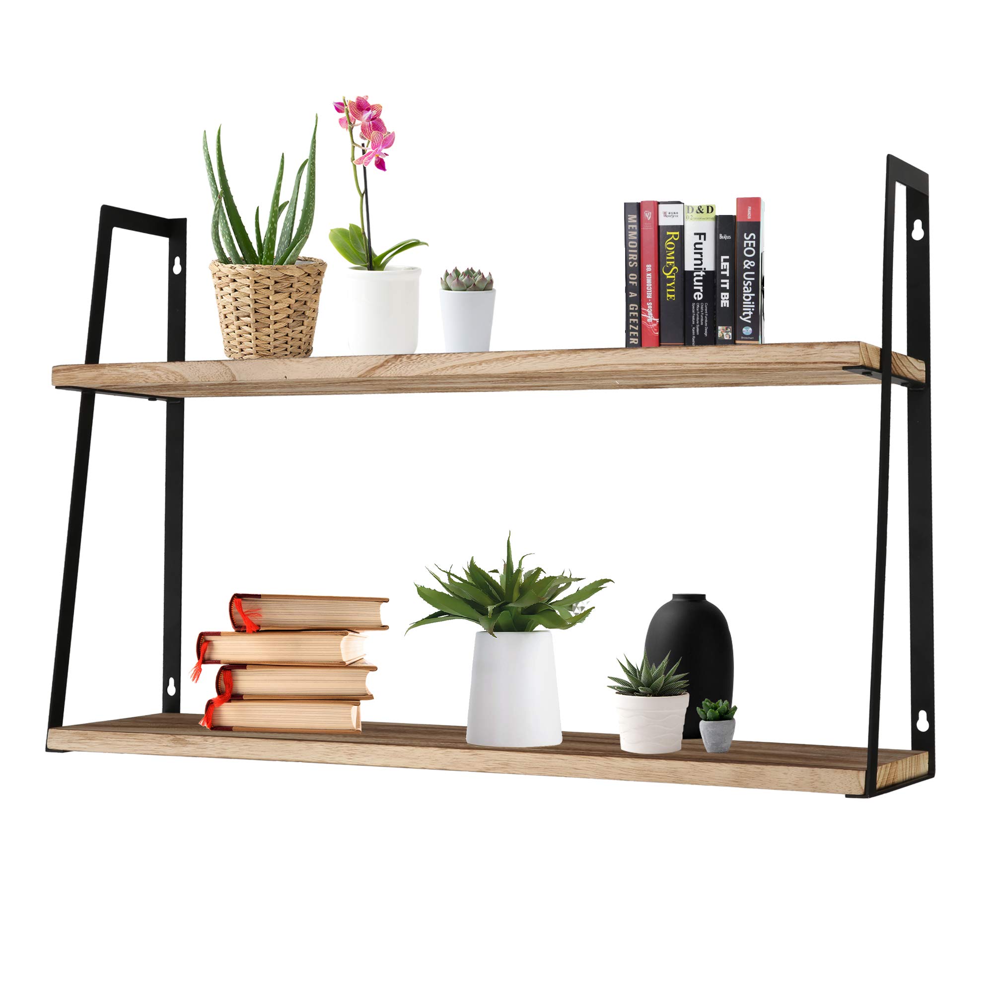 Rustic 2-Tier Floating Wall Shelves - Solid Torched Wood with Black Metal Frame | Easy Install Bathroom, Bedroom, Living Room & Kitchen Storage | Perfect for Organizing Toiletries, Displaying Decor & Creating Farmhouse Style