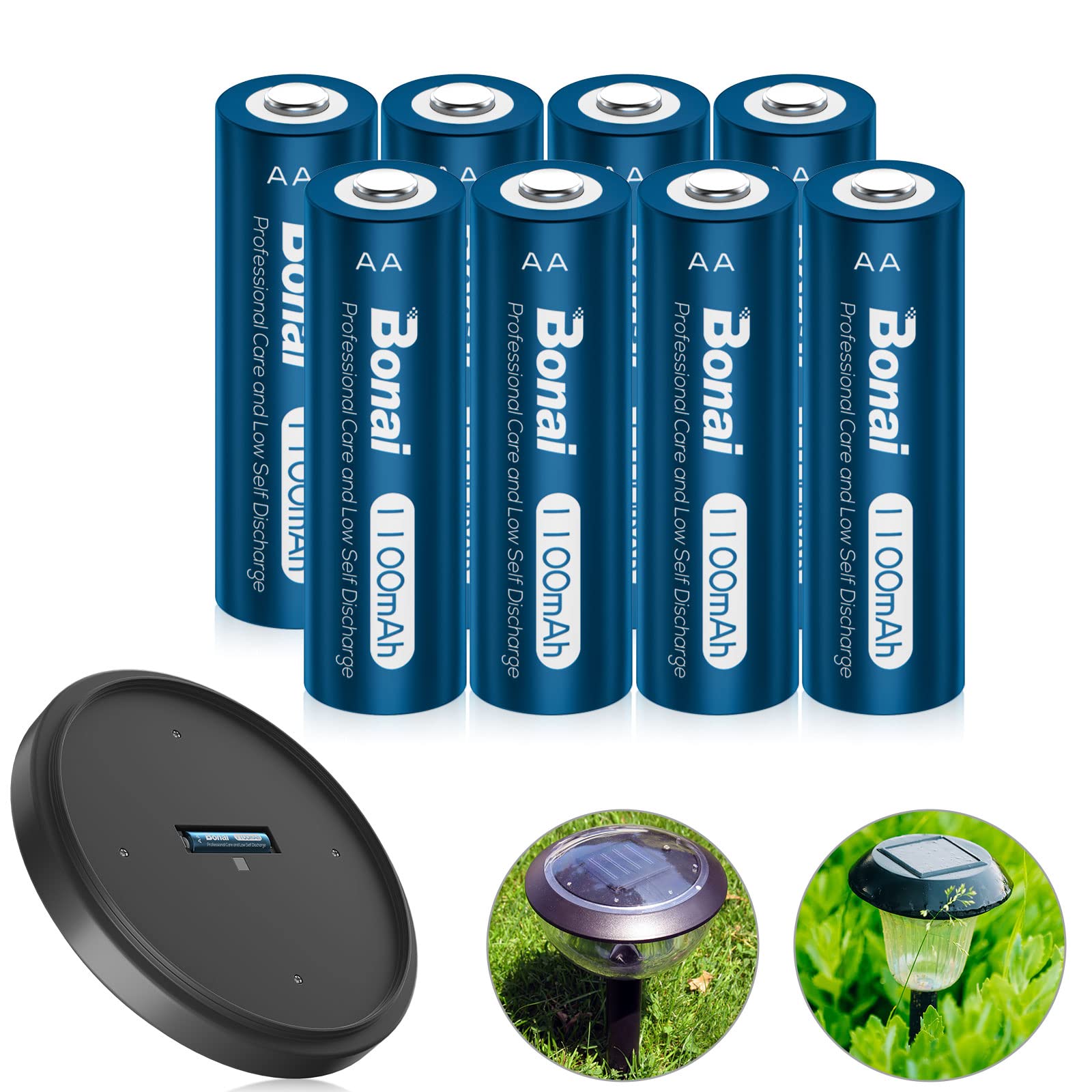 Bonai 8-Pack 1100mAh AA Solar Rechargeable Batteries for Outdoor Garden Lights, String Lights, Christmas Decorations - Perfect for Solar-Powered Landscape Lighting & Holiday Displays