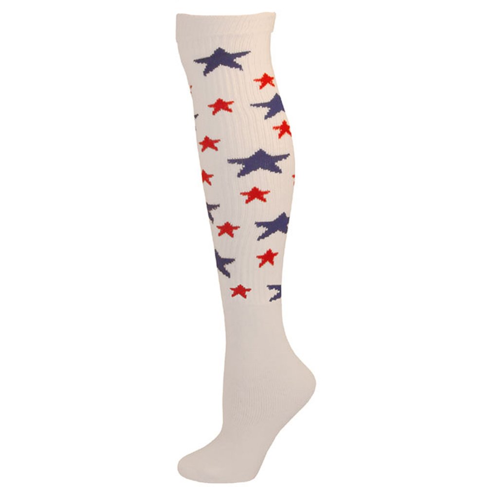 AJs Star Knee High Socks for Women & Girls - White with Red Blue Stars, Size 11-13 (US Shoe Size 5+), Cute Patriotic Crew Socks for School, Sports & Everyday Wear