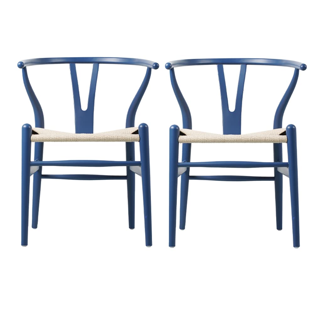 VODUR Wishbone Chair - Natural Solid Wood Dining Chair | Hans Vegner Y Chair with Rattan & Wood Accent Armrest | Beech Wood Frame in Blue | Perfect for Modern Dining Rooms, Kitchen Tables & Scandinavian Home Decor