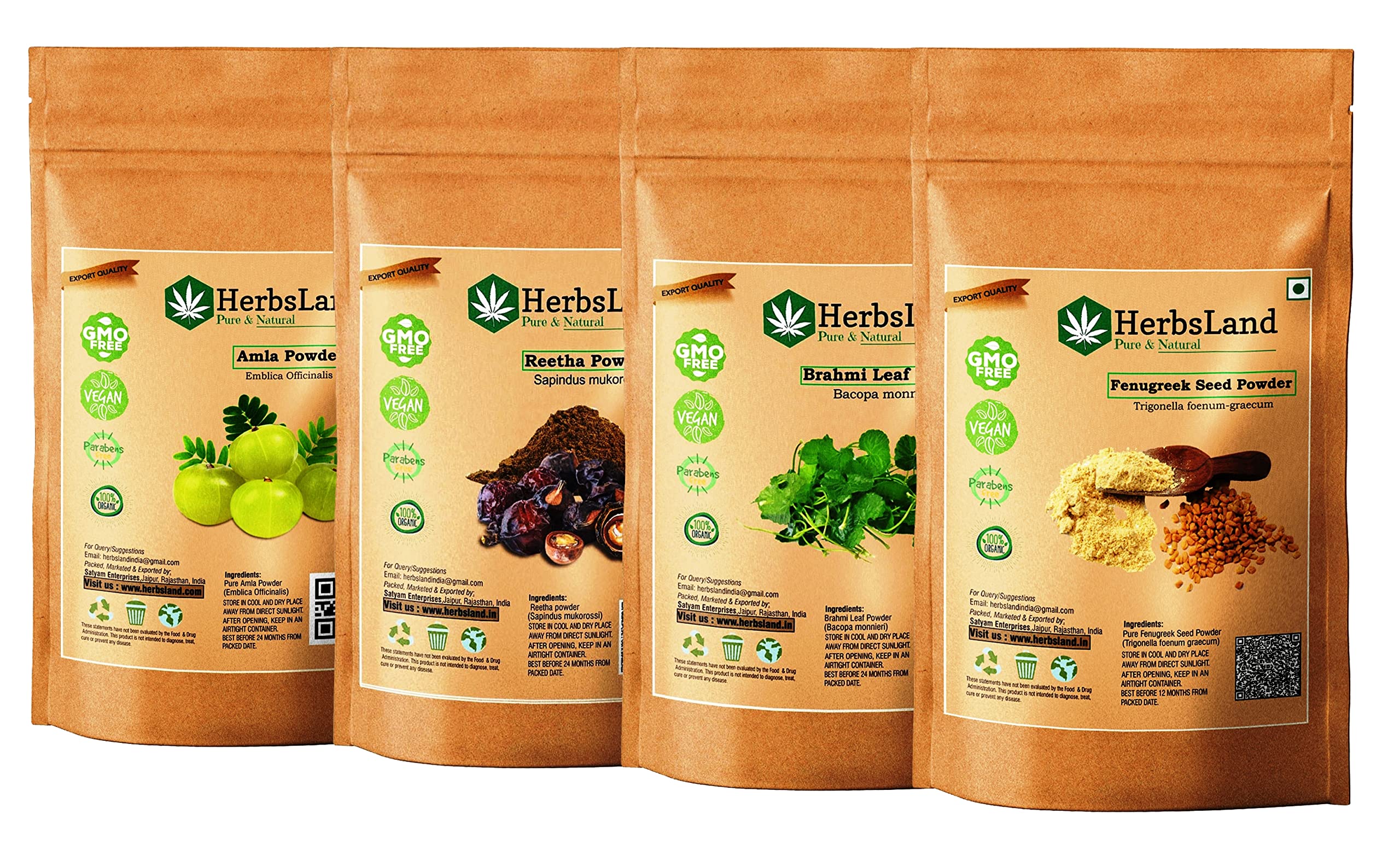 HerbsLand® Pure Bio Organic Amla Reetha Brahmi Leaf Fenugreek Seed Powder - Natural Face & Skin Care Treatment | Promotes Hair Growth & Anti-Dandruff | Herbal Shampoo Boost (50g Each, 200g Total) for Glowing Skin & Healthy Hair at Home