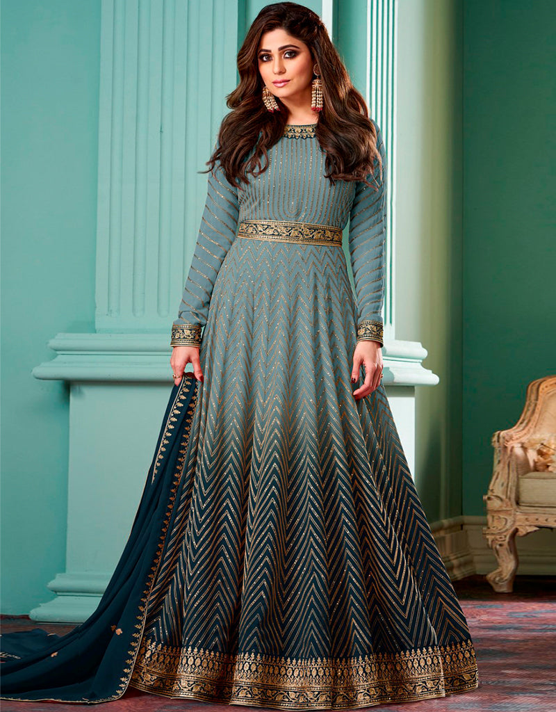 Elegant Blue Smoke Pant Style Anarkali Semi-Stitched Salwar Kameez for Women | Traditional Indian Ethnic Wear | Perfect for Weddings, Festivals & Special Occasions