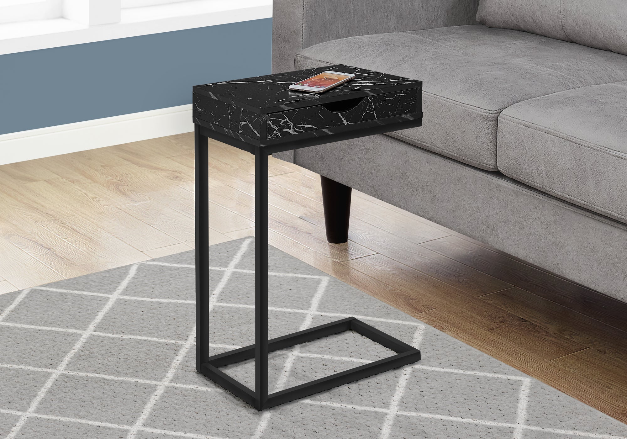 Black Marble Accent Table with Drawer - Modern Side Table for Living Room, Bedroom, or Entryway - Black Metal Frame & Elegant Design