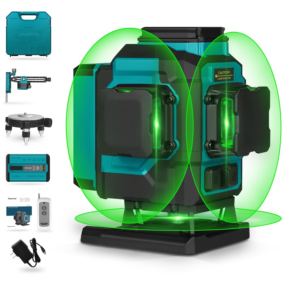 Takamine 3x360° 12 Lines Self-Leveling Floor Green Laser Level - Professional Laser Level for Construction, Picture Hanging, Floor & Tile Installation - Includes Remote Controller, Magnetic Rotating Stand & USB-C Charger - Perfect for DIY Projects, Home Renovation & Professional Contractors