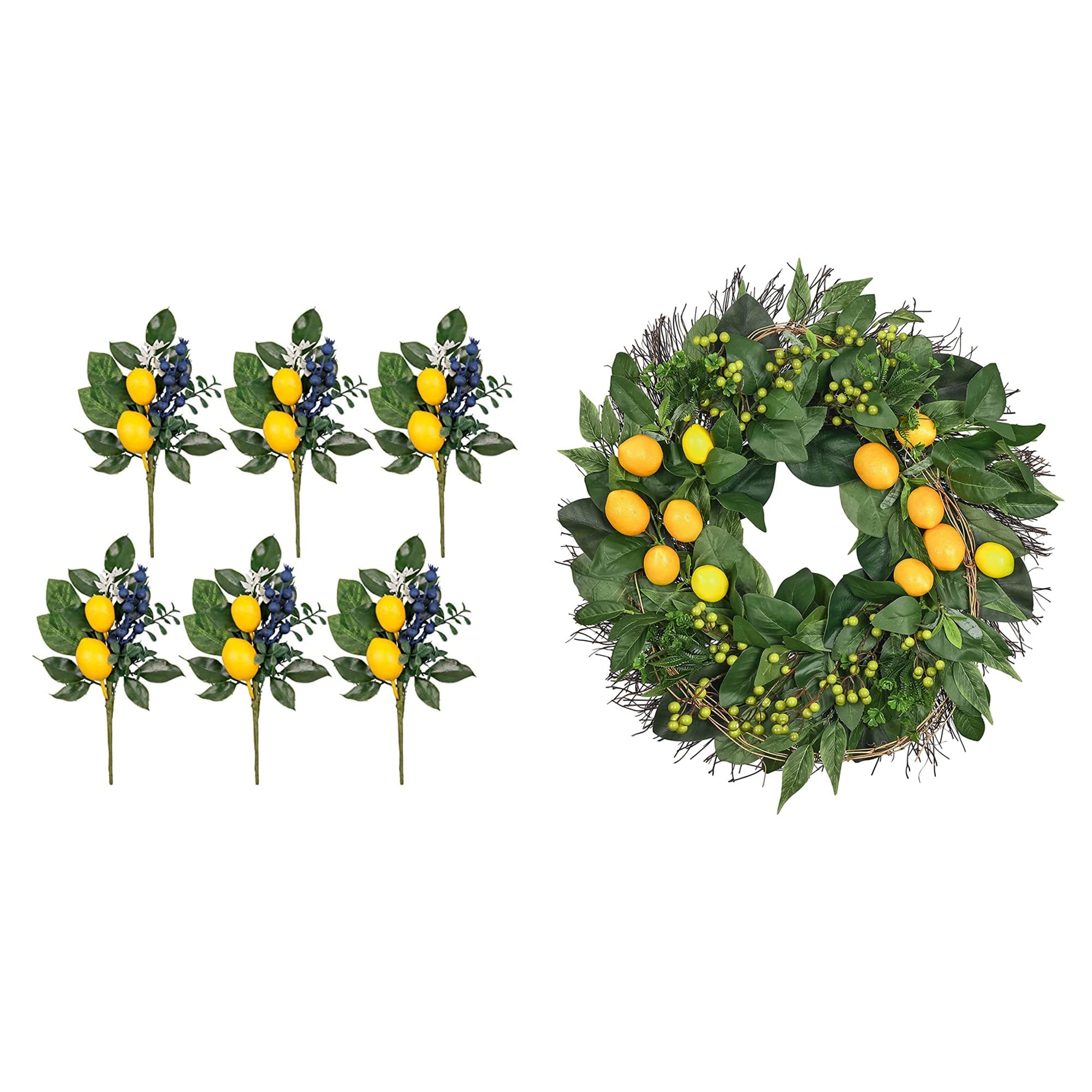Valery Madelyn 24 Inch Spring Lemon Wreath with 6 Picks Bundle - Vibrant Front Door Decor & Home Decoration for Easter, Summer Parties, and Farmhouse Style Interiors
