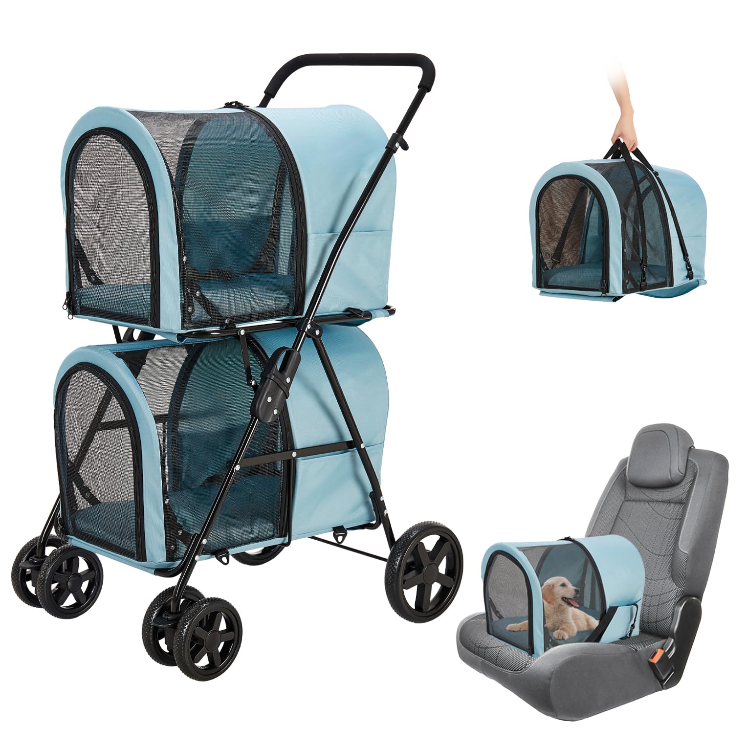 **Double Pet Stroller for Dogs & Cats - 2 Detachable Carriers, Quick-Fold Design for Small & Medium Pets, 4-Wheel Light Blue Stroller - Perfect for Park Walks, Vet Visits & Travel**