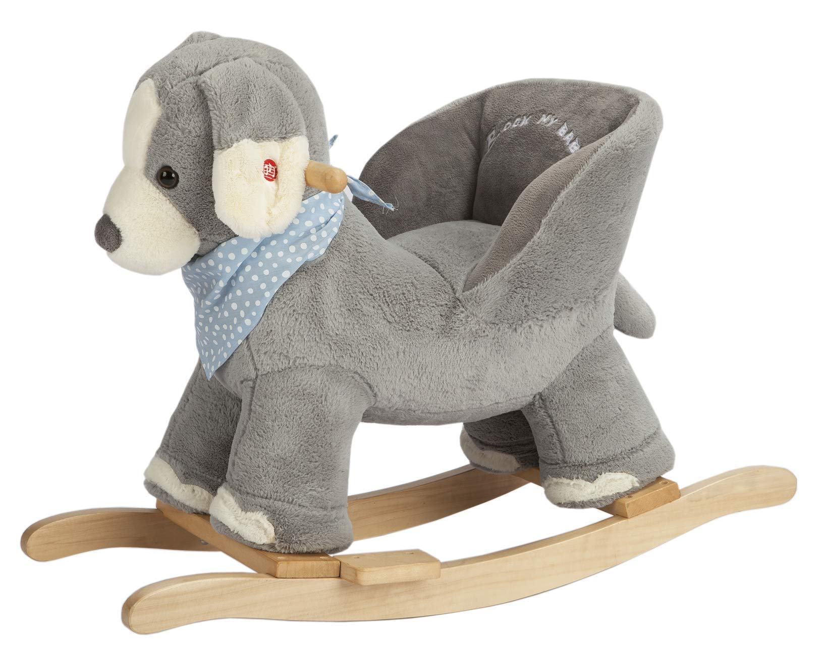 Plush Stuffed Gray Dog Puppy Rocking Horse with Chair - Wooden Rocking Toy for Babies 12M+ | Safe Ride-On Animal Rocker for Toddlers & Kids | Perfect Nursery Decor & First Birthday Gift for Boys & Girls