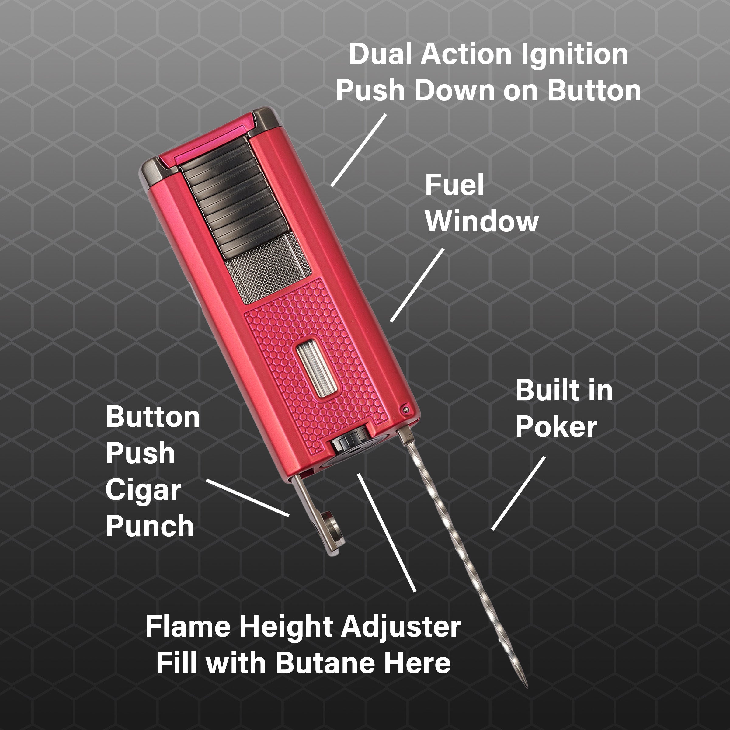 Visol Striker Triple Torch Flame Lighter with Cigar Poker - Windproof Butane Lighter for Cigars, Cigarettes & Outdoor Use (Red) - Perfect for Camping, BBQ & Survival Gear