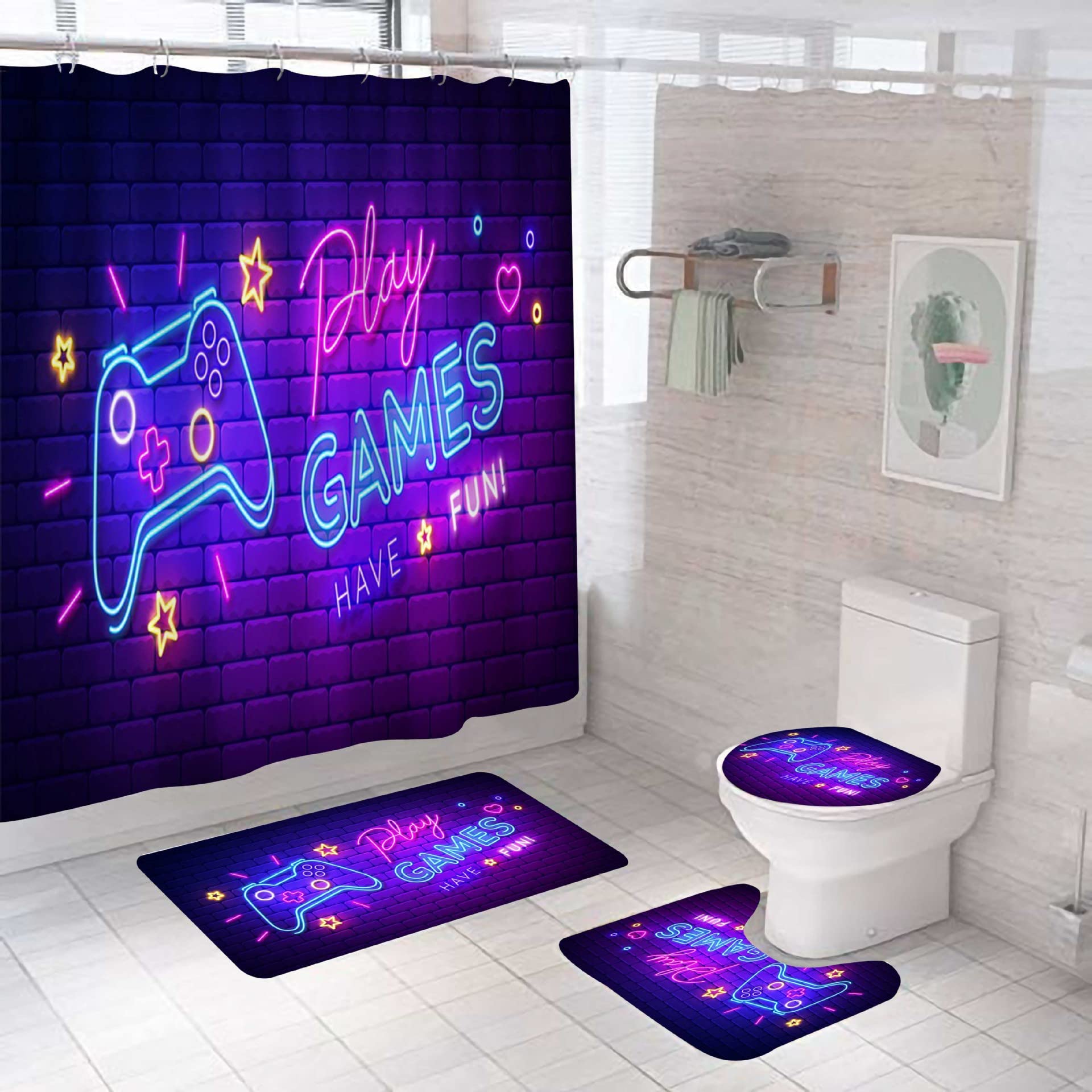3D Waterproof Shower Curtain & Mat Set for Bathroom Decor | Gaming Theme