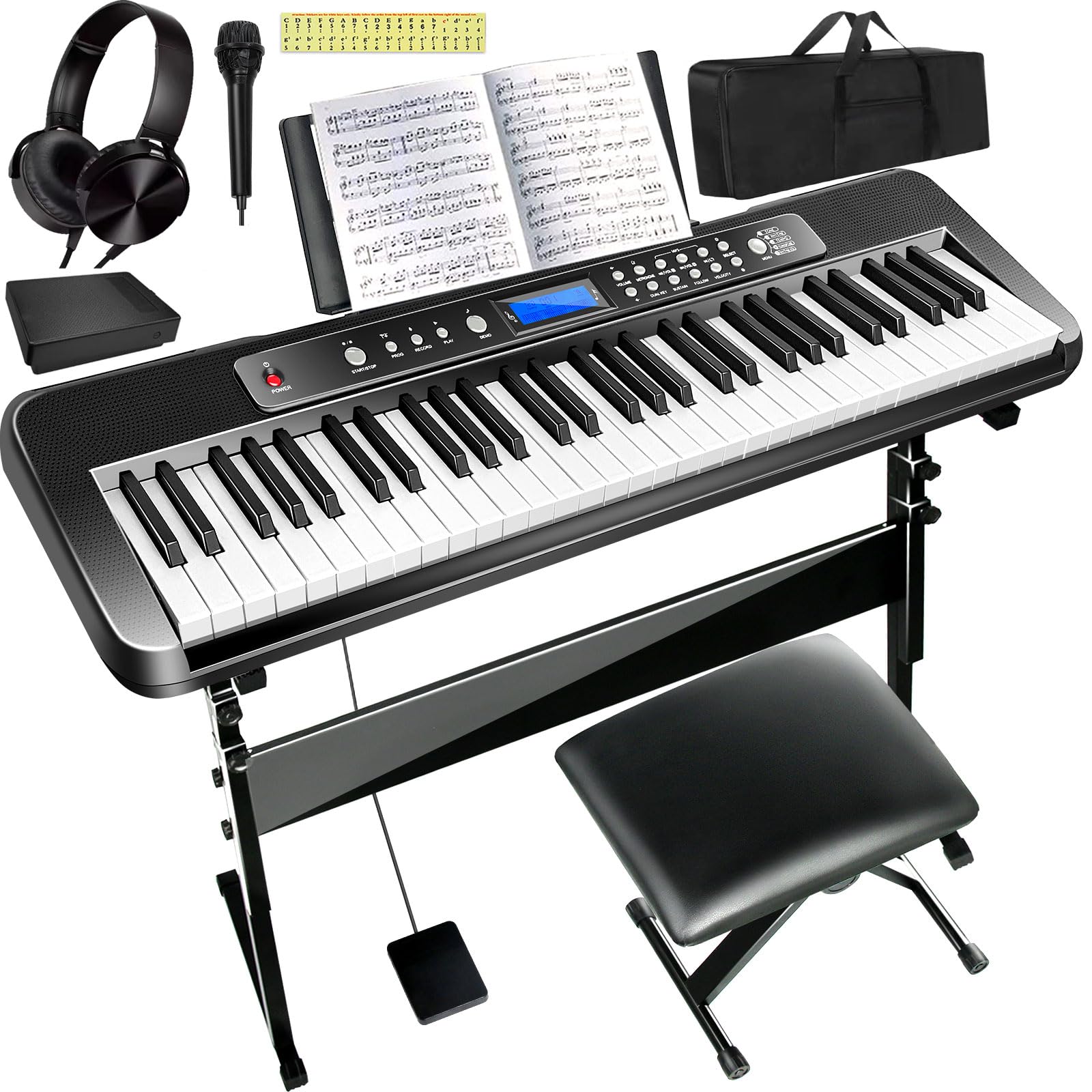 AQNIEGEP Pro 61-Key Electric Keyboard Piano with LCD Display & Sustain Pedal - Full-Size Digital Piano with Stand, Bench, Headphones, Mic - 200 Timbres, 80 Demo Songs, 128 Rhythms - Perfect for Beginners, Professionals & Home/Studio Use