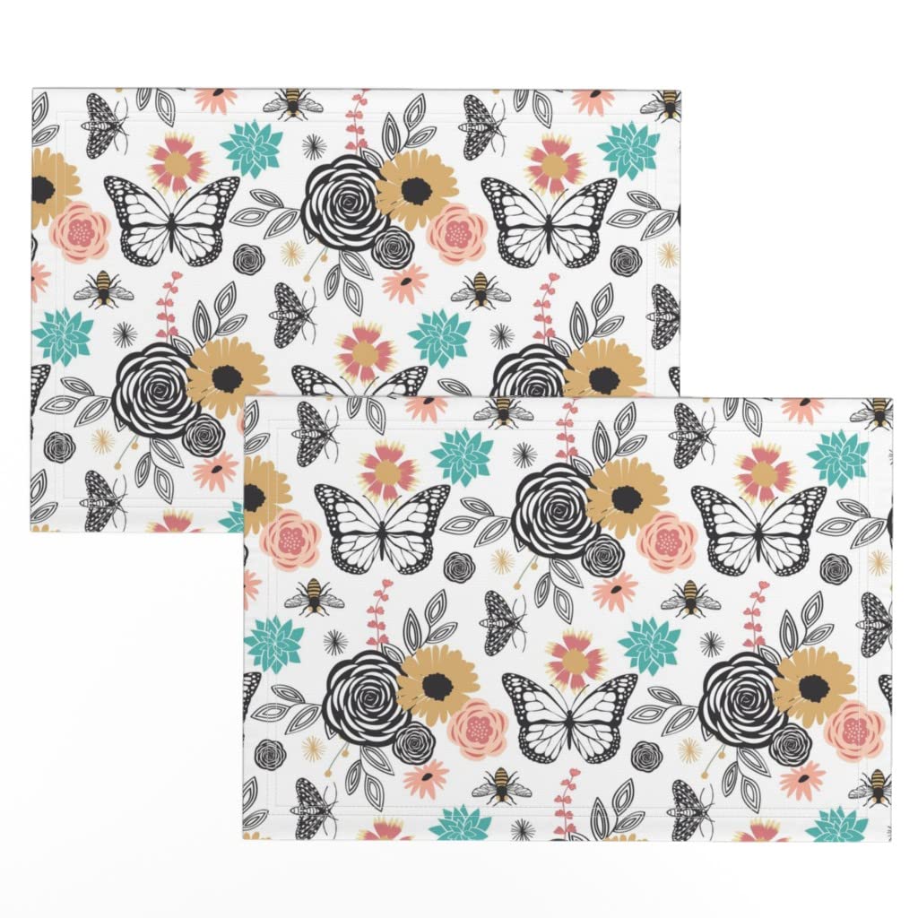 Premium Linen Cotton Canvas Placemats Set of 2 - Floral Mix with Flowers, Butterflies & Bees Nature Design in White & Turquoise - Eco-Friendly Table Mats for Dining, Kitchen Decor, Party & Home Decoration by Spoonflower