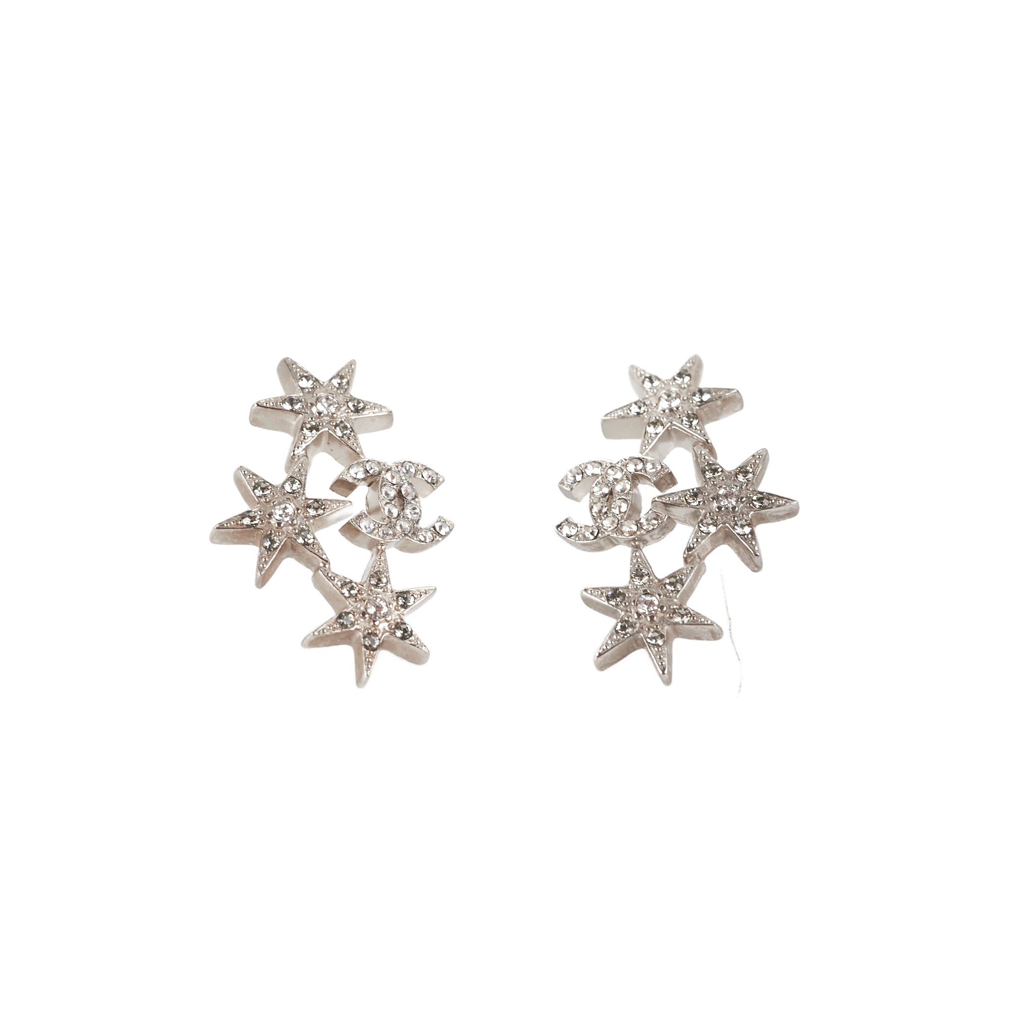 Chanel Star Logo Rhinestone Silver Earrings - Fashion Costume Jewelry for Women - Perfect for Parties, Weddings & Evening Events