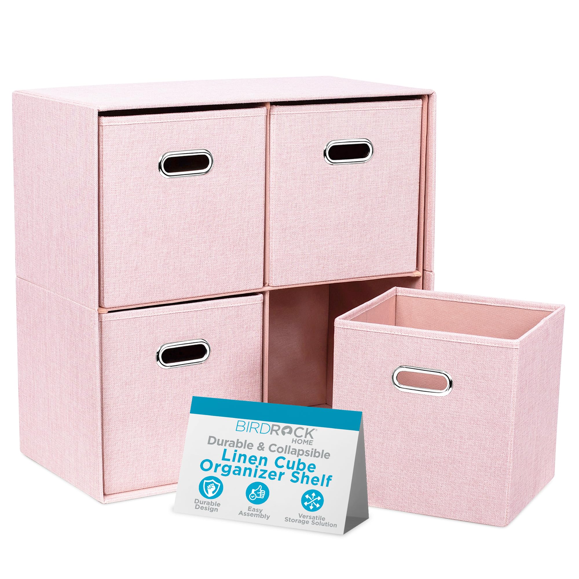 BIRDROCK HOME 4-Bin Linen Cube Organizer Shelf - Collapsible Storage Unit for Bedroom, Closet, Dorm | Space-Saving Shelving for Toys, Clothes, Towels | Durable Multi-Purpose Organizer (Blush) - Perfect for Small Spaces, Kids' Rooms & Home Organization