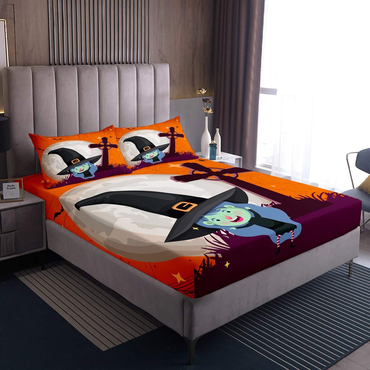 Halloween Witch Print Twin XL Bed Sheet Set - Cute Witch Girl Design with Moon & Grave Orange Background, Includes 1 Fitted Sheet & 1 Pillowcase (2PC) for Teens & Kids - Perfect for Halloween Decor, Spooky Bedroom Theme, and Holiday Gift Giving