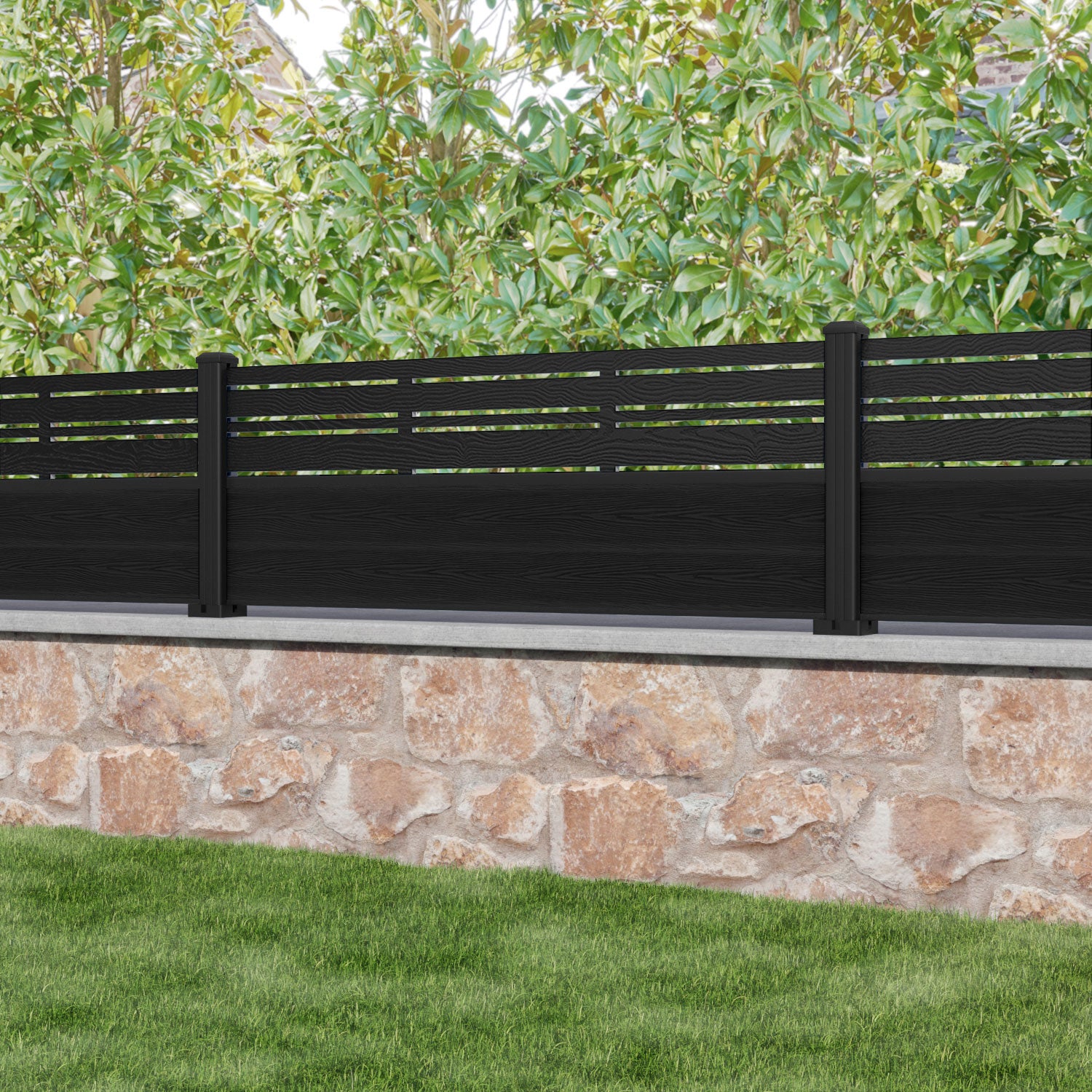 Classic Black Linea Fence Panel with Aluminum Posts - Durable Outdoor Privacy Fence for Backyard, Garden, and Pool Areas