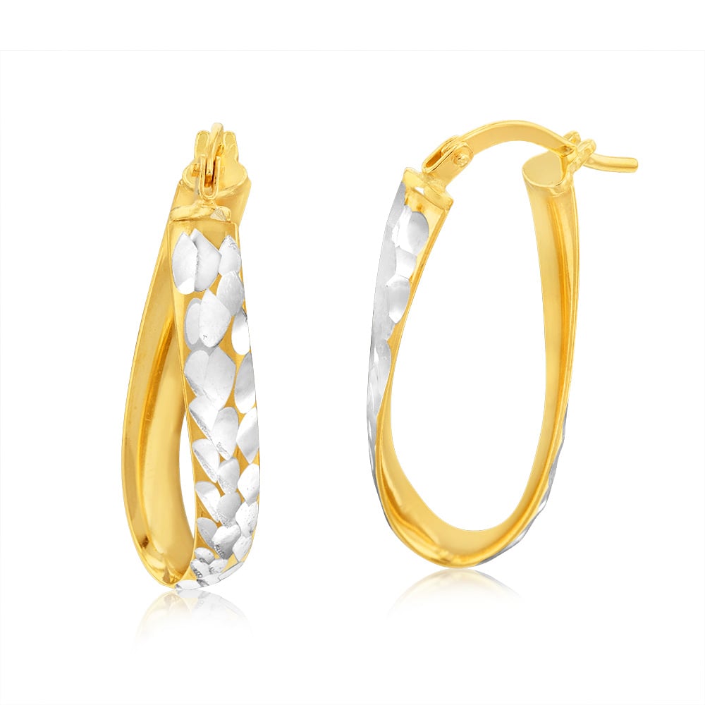 9ct Yellow & White Gold Silver-Filled Diamond Cut Oval Hoop Earrings for Women - Elegant Dangle Earrings for Parties, Weddings & Everyday Wear