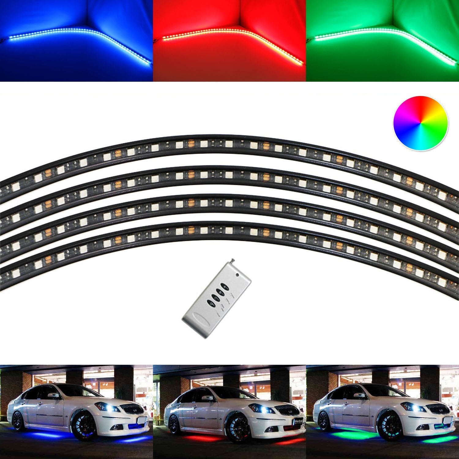4-Piece Multi-Color RGB 252 LED Underbody Car Lighting Kit with Remote Control - Customize Your Ride for Night Cruising & Car Shows