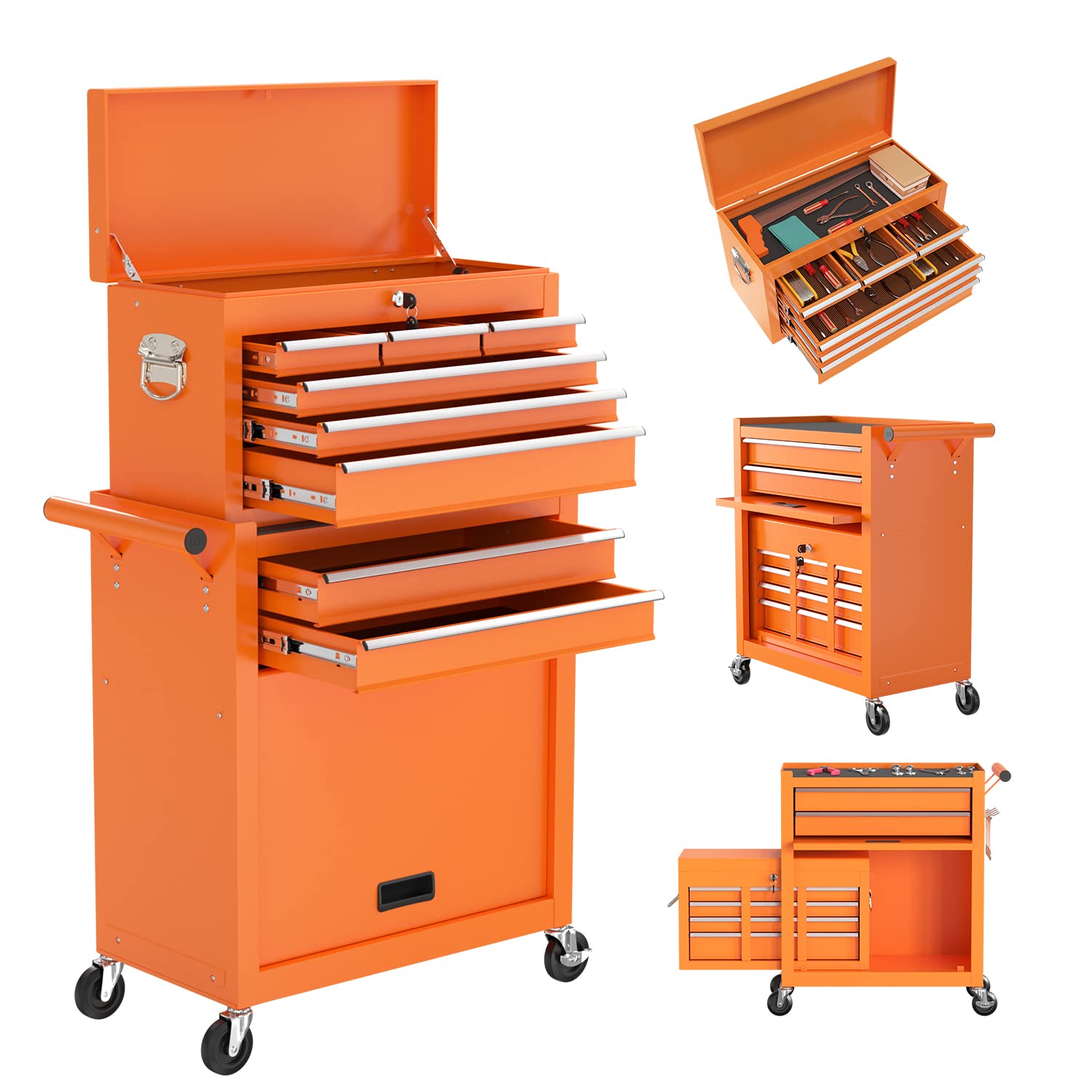 2-in-1 Rolling Tool Box with Removable Chest & Locking System - Portable Tool Storage Cabinet & Organizer with Top Tray (Orange) - Perfect for Mechanics, DIY Projects & Garage Organization