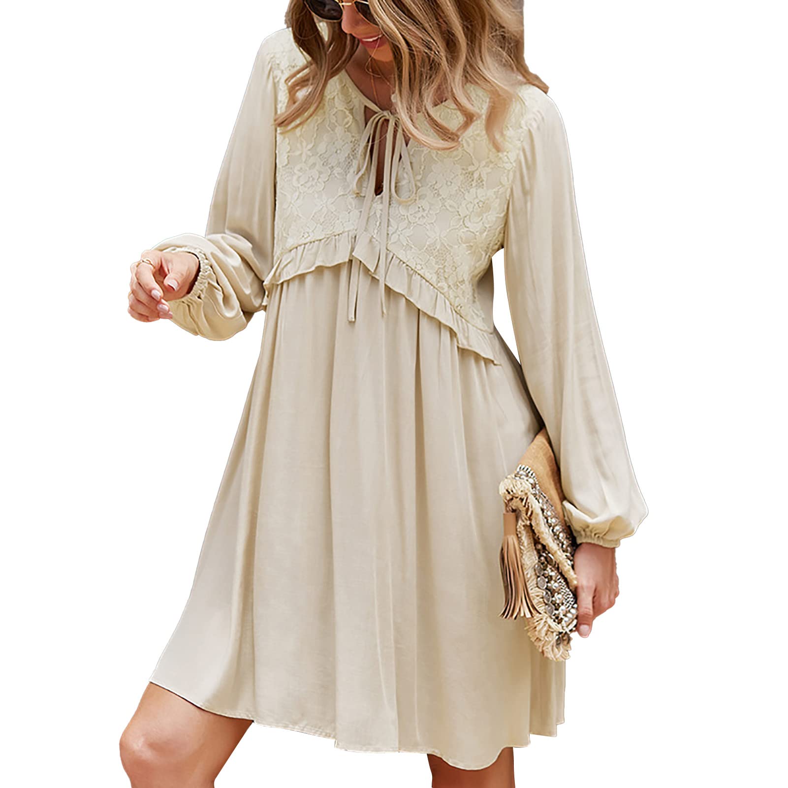 Ejoyous Women's V-Neck Mini Dress - Long Sleeve A-Line Tunic Dress with Pleated Detail, Knee-Length Casual Dress for Work, Party & Everyday Wear | Perfect for Office, Date Night & Spring Outfits