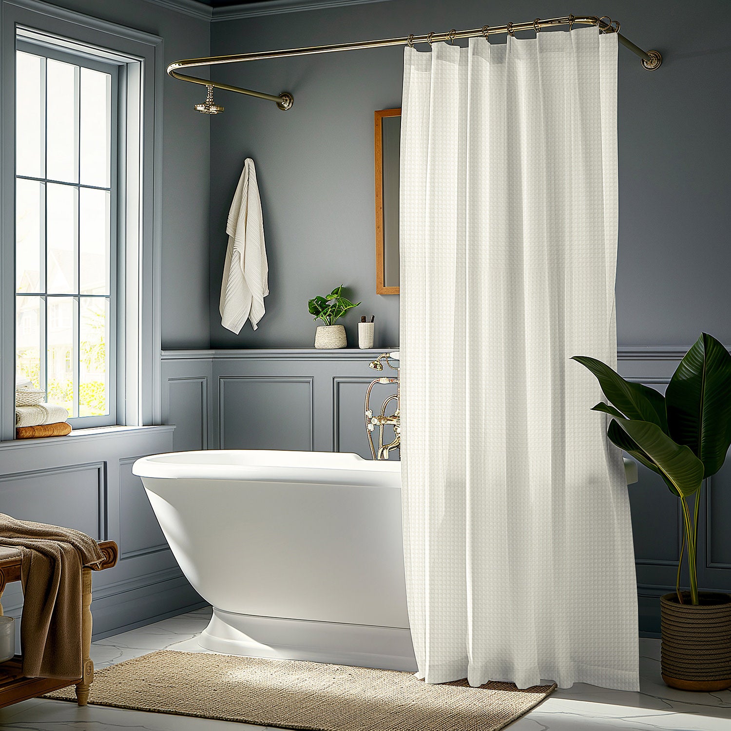 Off White Modern Waffle & Heavyweight Fabric Shower Curtain