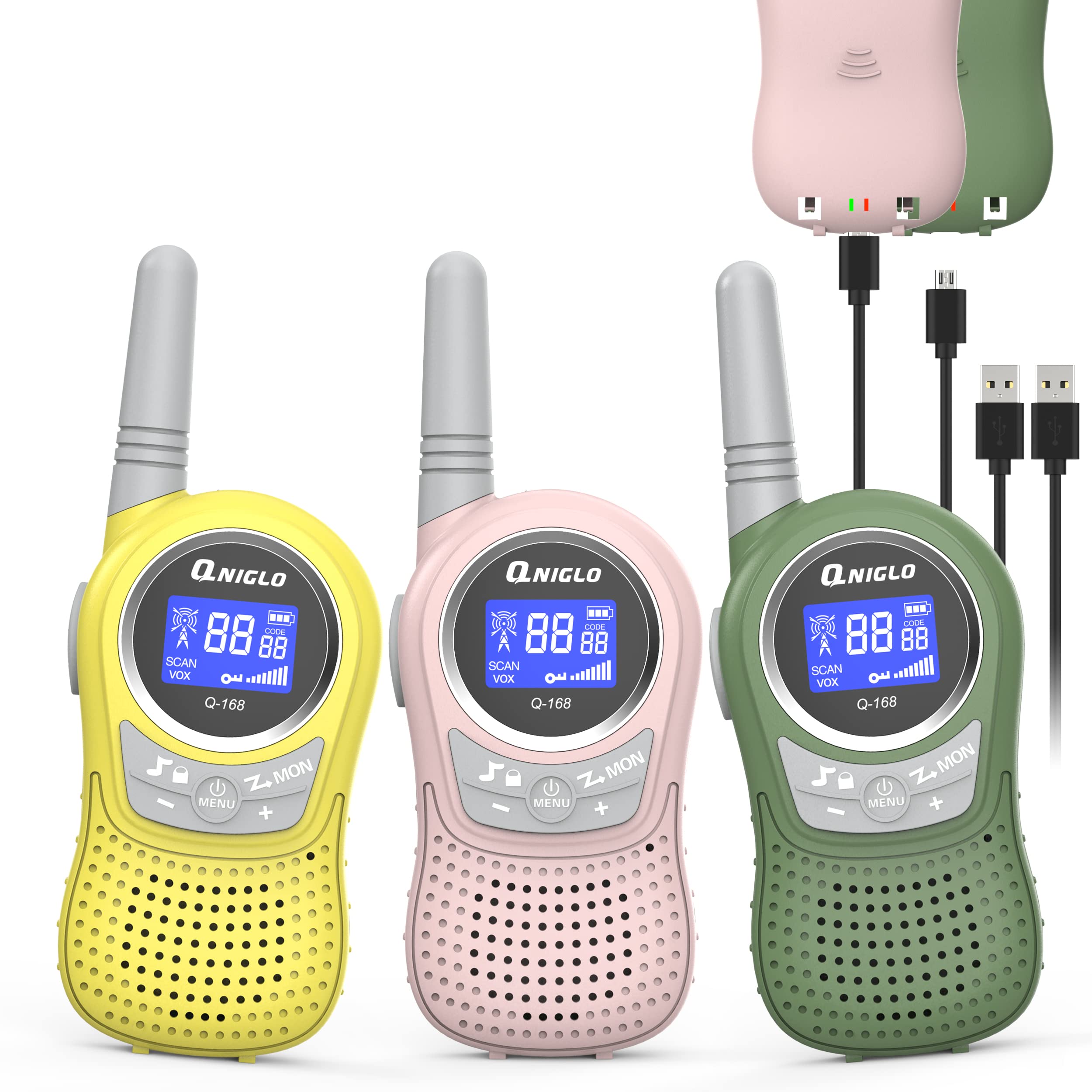 Qniglo Rechargeable Walkie Talkies for Kids & Adults - 3 Pack Long Range Two-Way Radios with VOX, LCD Display & 22 Channels - Perfect for Outdoor Adventures, Camping, Hiking, Family Games, and Christmas/Birthday Gifts for Boys & Girls