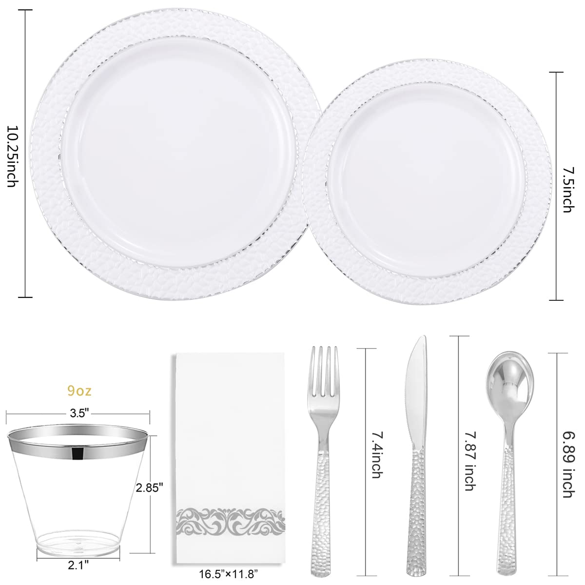 PULOTE 175-Piece Silver Plastic Plates & 100-Piece Clear Plastic Plates - Disposable Dinnerware for Parties, Picnics, and Events