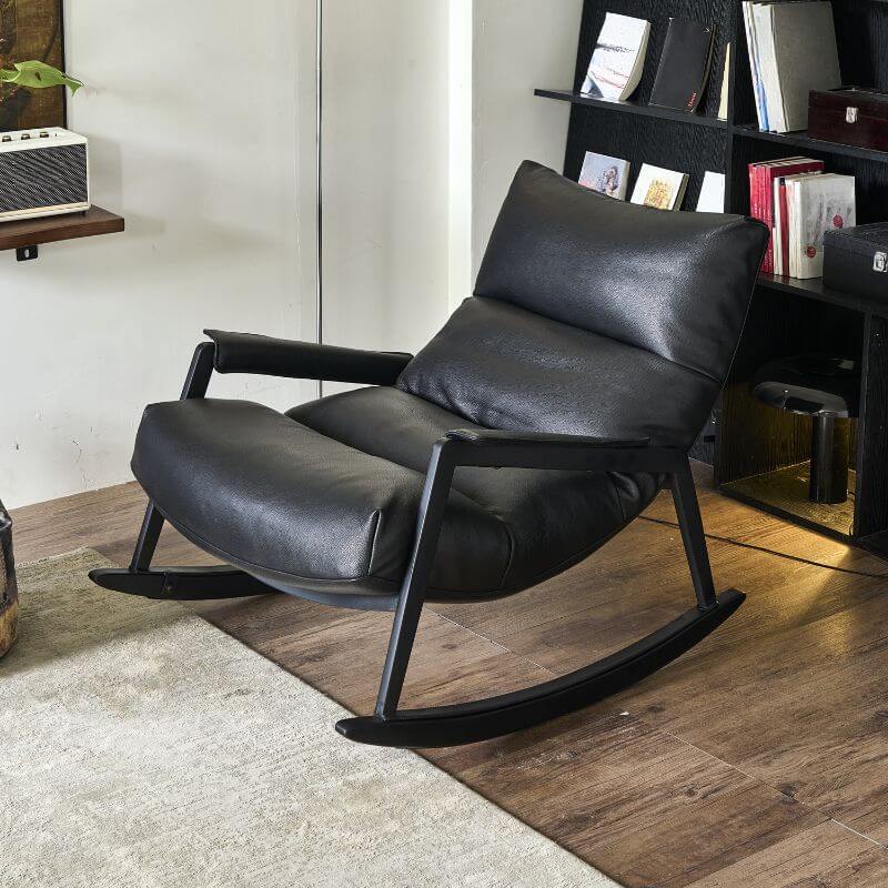 Midnight Black Minimalist Upholstered Indoor Rocking Chair with Cushioned Seat and Track Arm - Perfect for Nursery, Living Room & Reading Nook