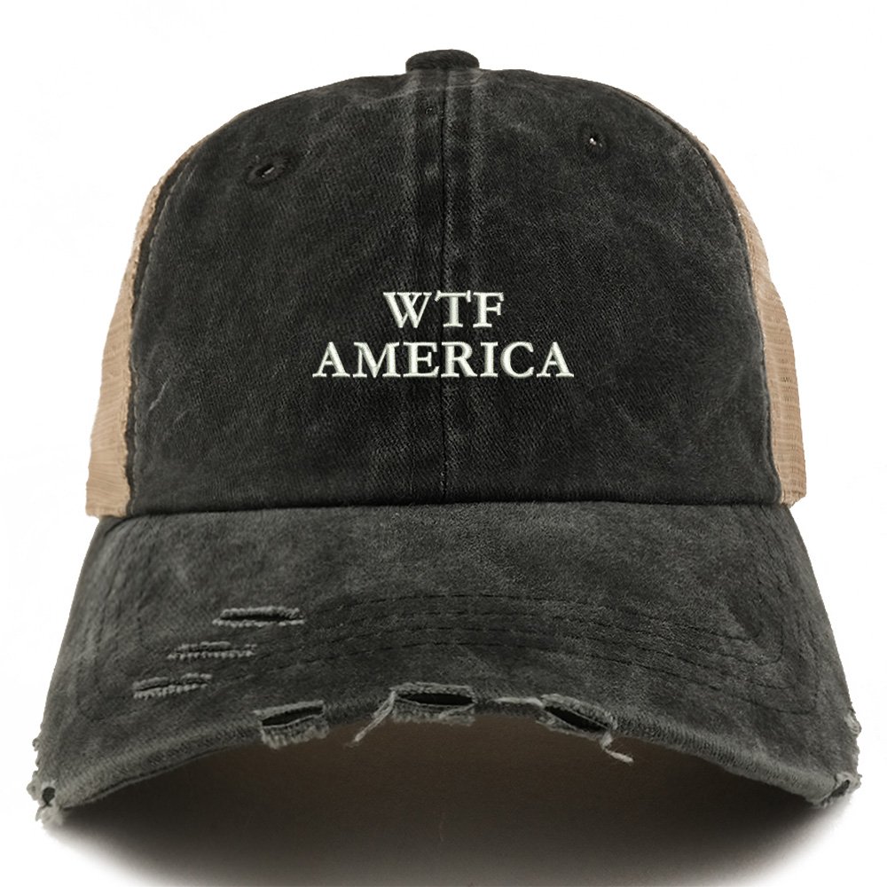 WTF America Embroidered Distressed Trucker Hat with Mesh Back - Trendy Baseball Cap for Men & Women | Perfect for Streetwear, Casual Outfits & Outdoor Activities