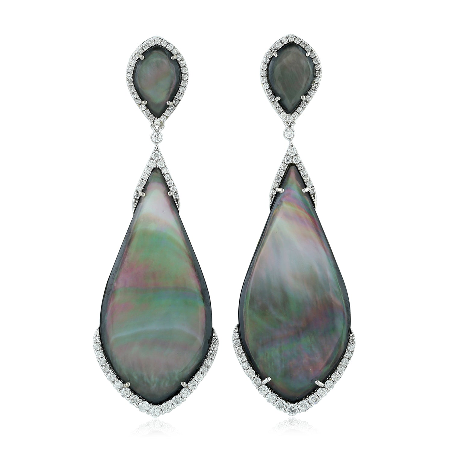 18K White Gold Black Mother of Pearl Pave Diamond Wedding Dangler Earrings – Elegant Bridal Jewelry for Weddings, Anniversaries & Special Occasions