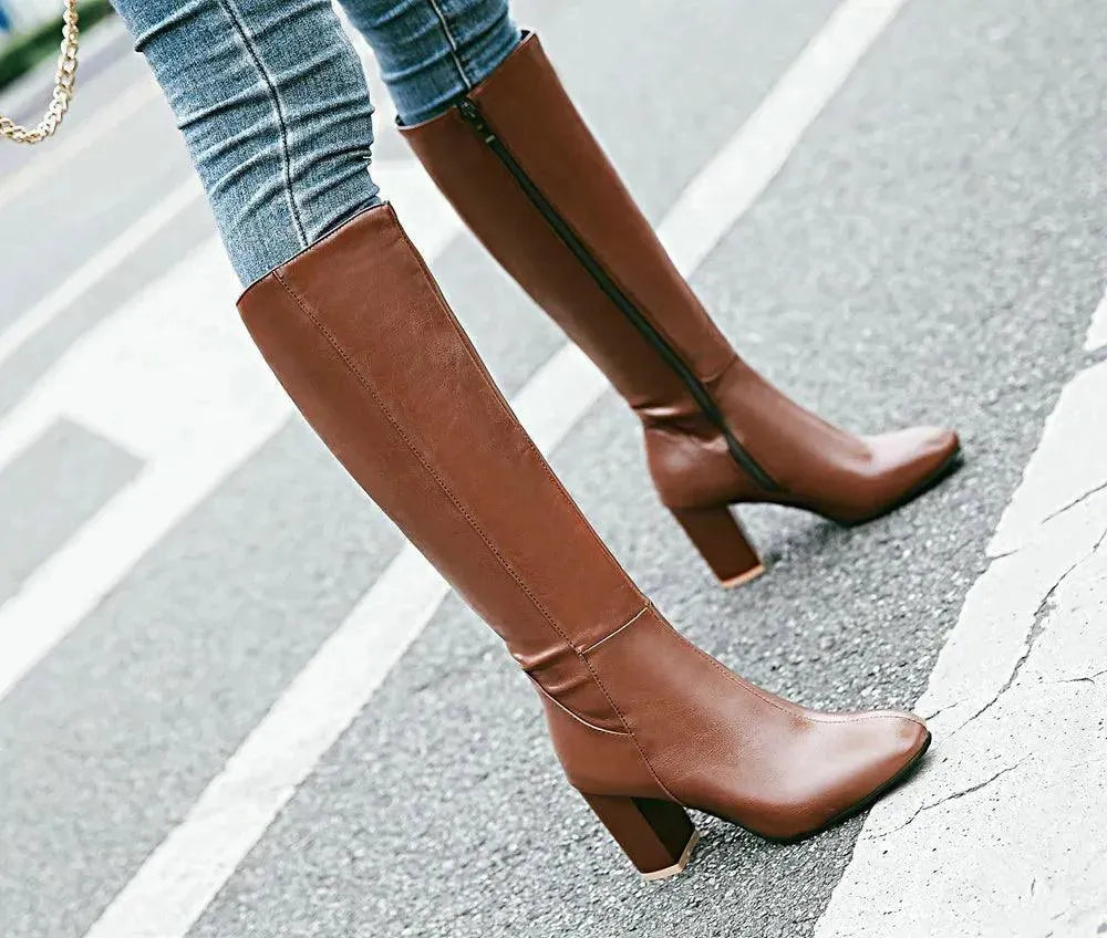 Women's Leather Knee High Heel Boots - Stylish Fashion Boots for Winter, Fall & Dressy Occasions