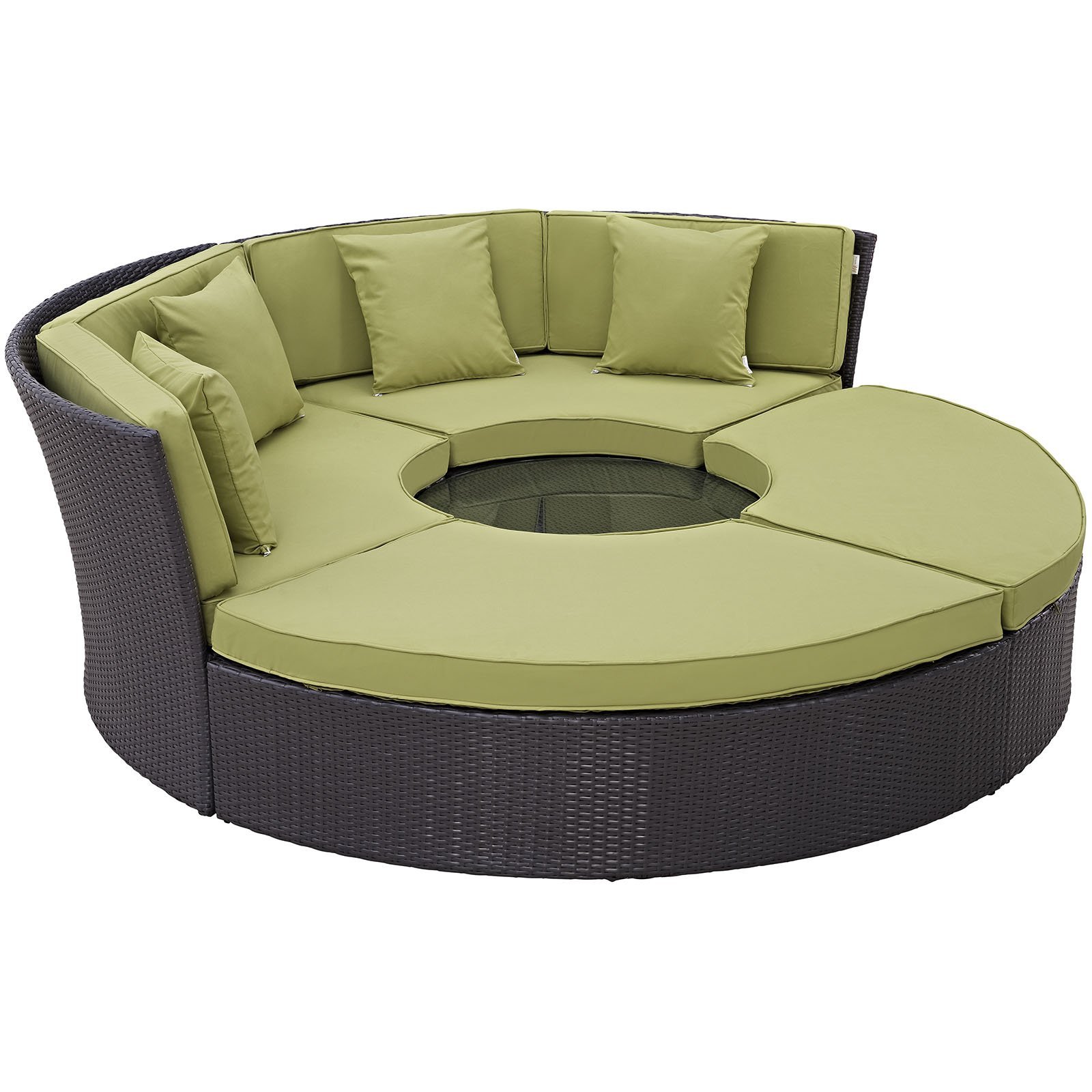 Modway Convene Wicker Rattan Outdoor Patio Round Poolside Sectional Sofa Daybed with Cushions in Espresso Peridot - Perfect for Backyard, Garden, and Poolside Relaxation