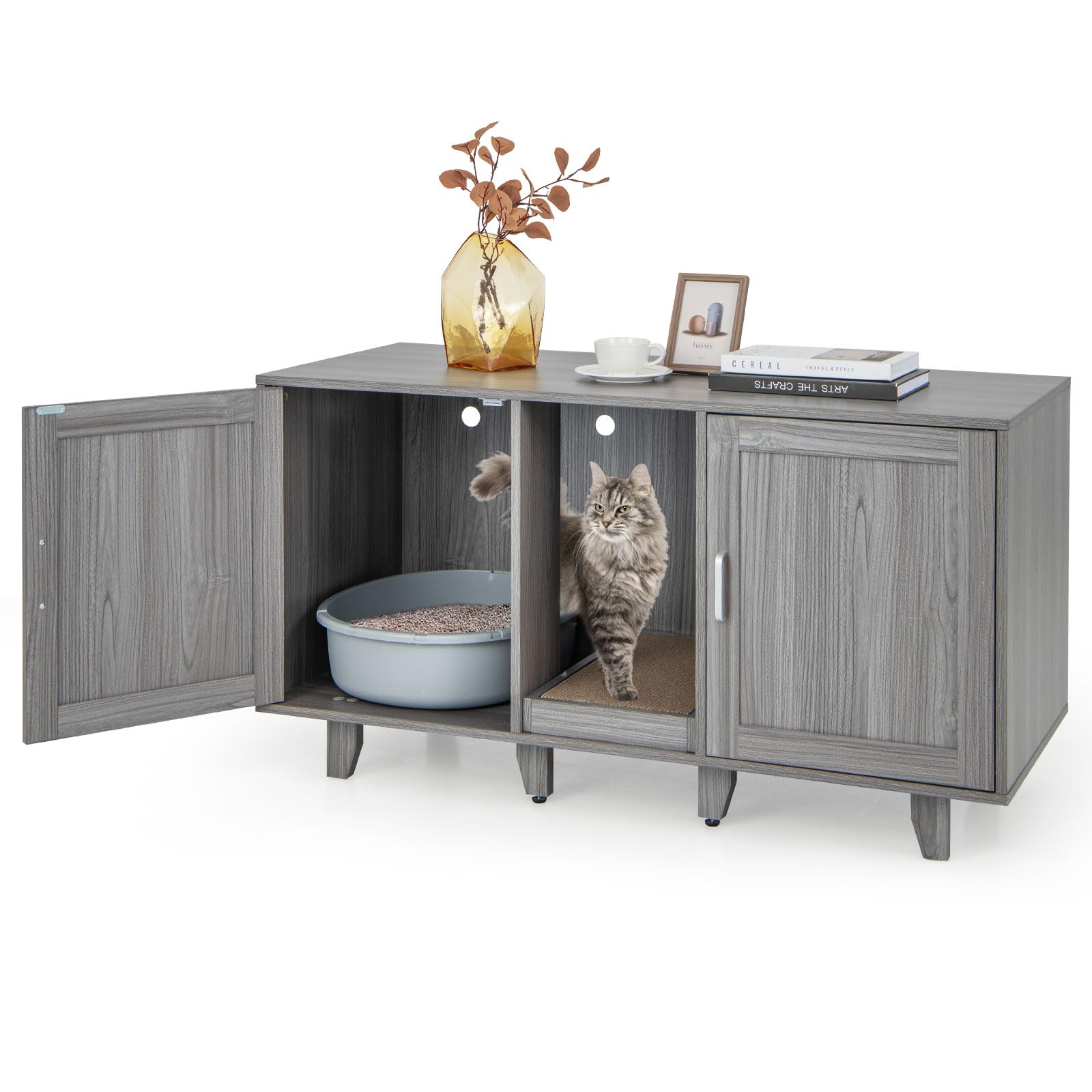 Tangkula Double Cat Litter Box Enclosure for 2 Cats - Large Stackable Hidden Privacy Cabinet with Scratching Board | Indoor Cat House & TV Stand Furniture (Grey Oak) | Perfect for Small Spaces & Multi-Cat Homes